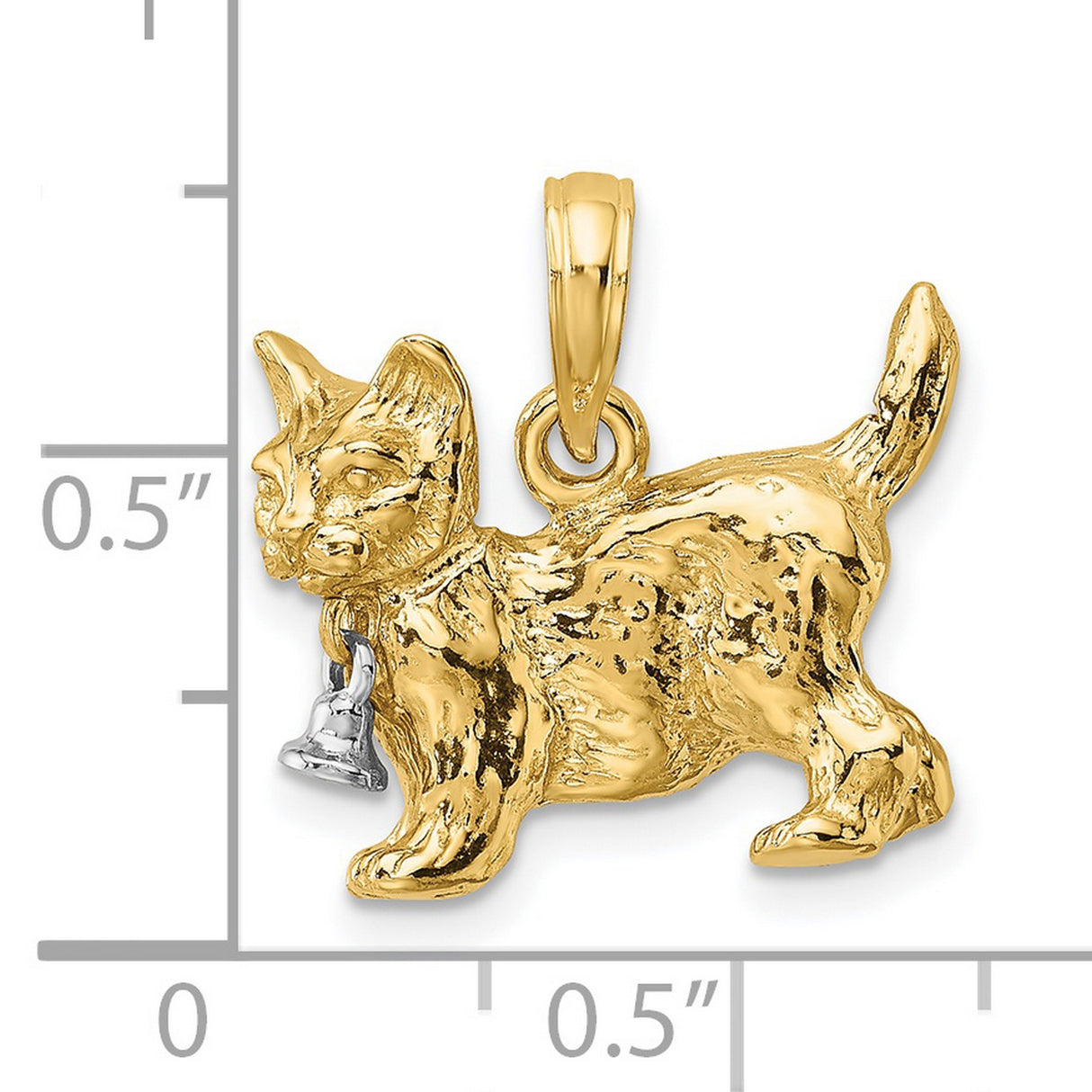 14k Two-Tone Gold Cat Pendant with White Gold Bell Charm, Dangle Animal Jewelry Charm