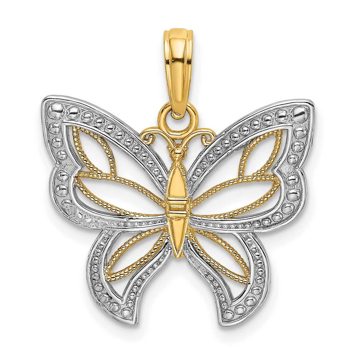 14k Multi-Tone Gold Butterfly Pendant with Intricate Filigree Detail, Nature-Inspired Design