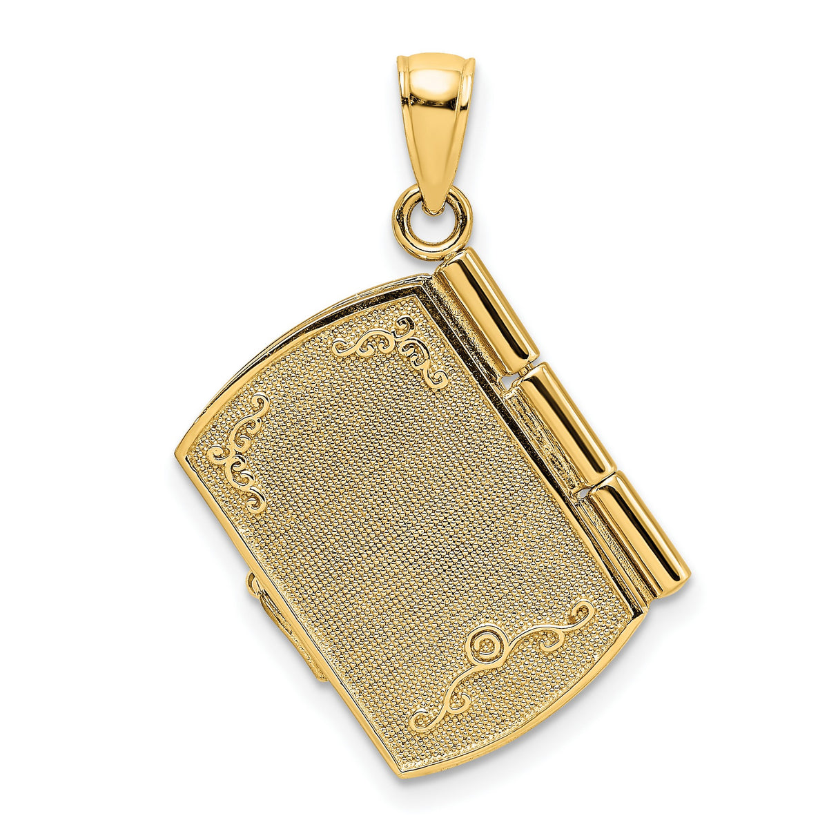 14k Yellow Gold and Rhodium Book Pendant with Footprints in the Sand Engraving, Christian Jewelry