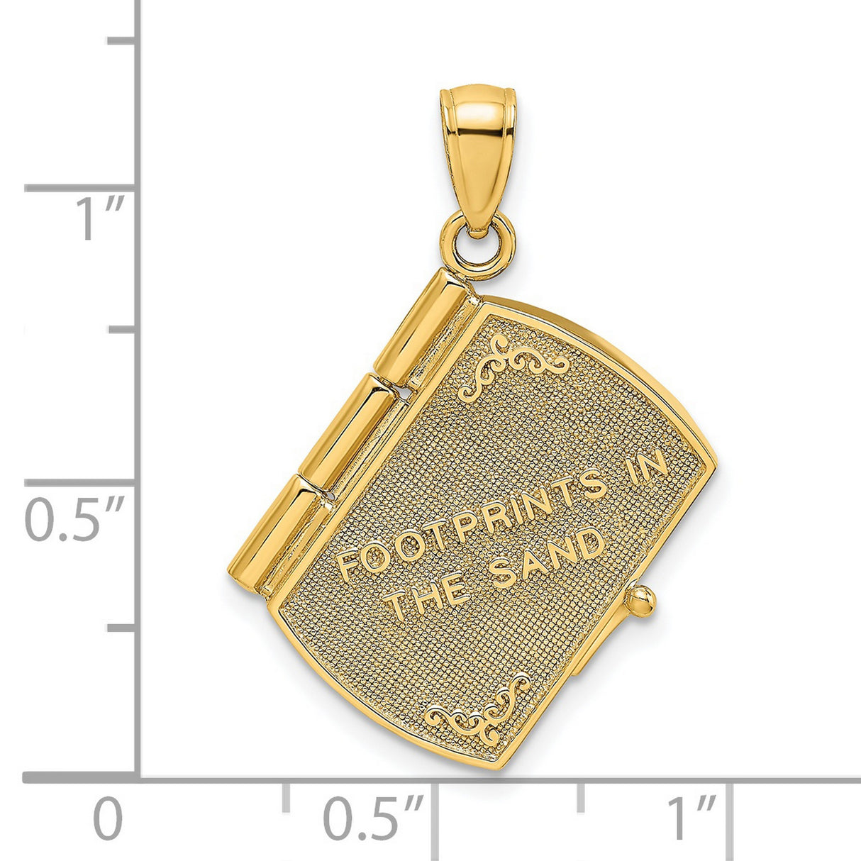 14k Yellow Gold and Rhodium Book Pendant with Footprints in the Sand Engraving, Christian Jewelry