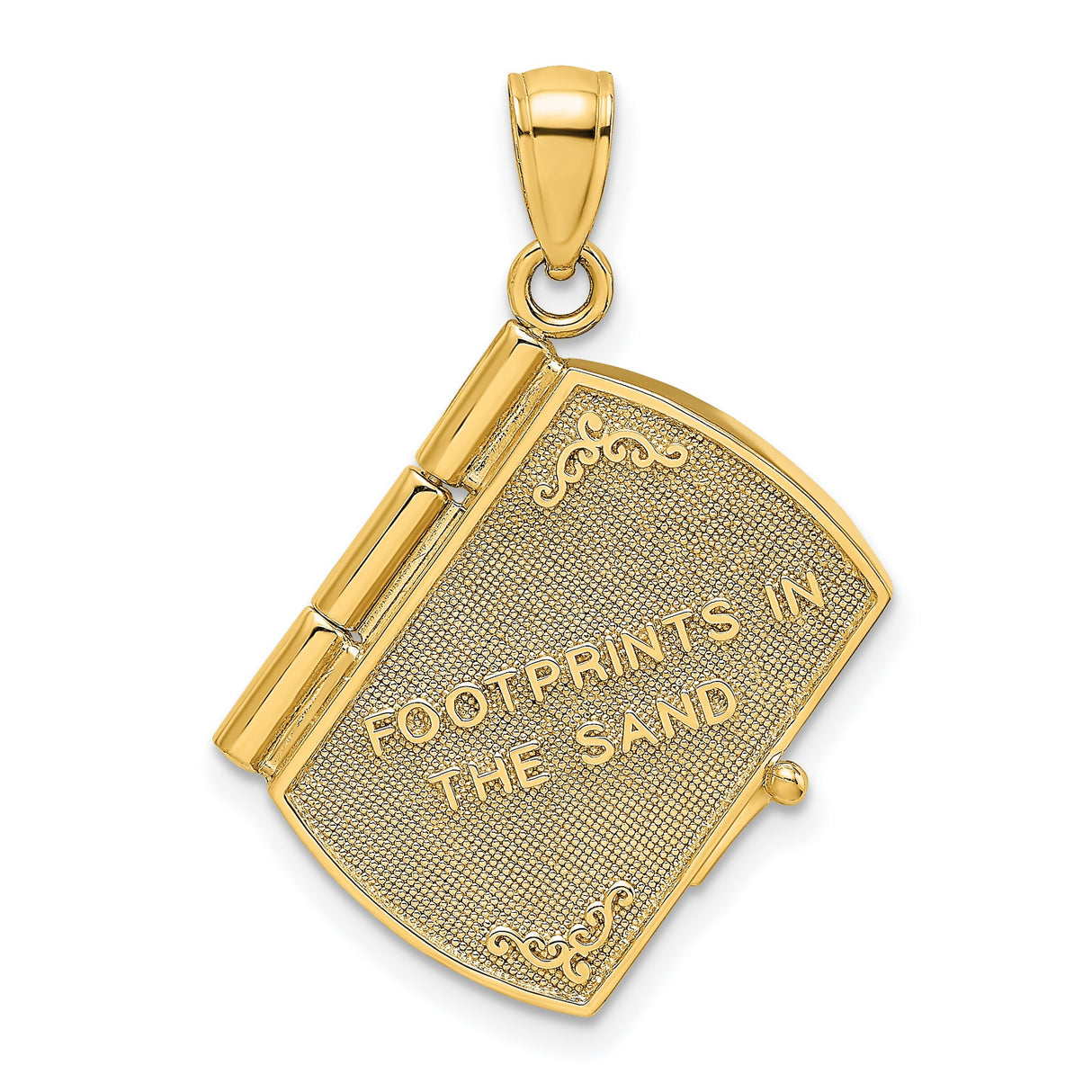 14k Yellow Gold and Rhodium Book Pendant with Footprints in the Sand Engraving, Christian Jewelry
