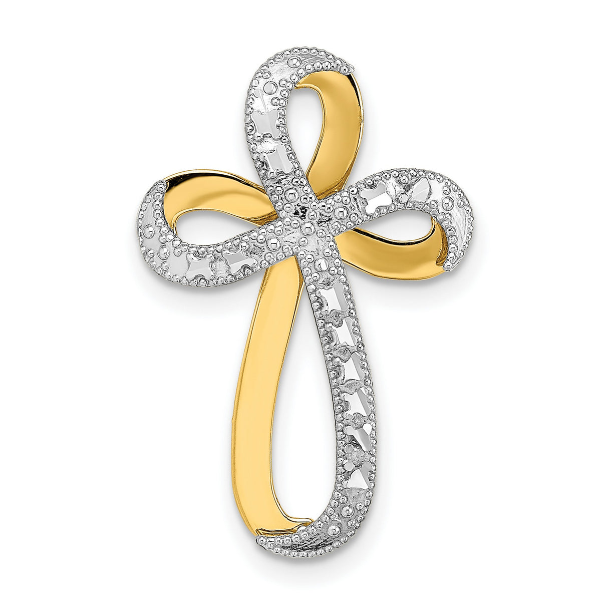 14k Yellow and White Gold Cross Pendant with Twisted Curved Design, Religious Charm