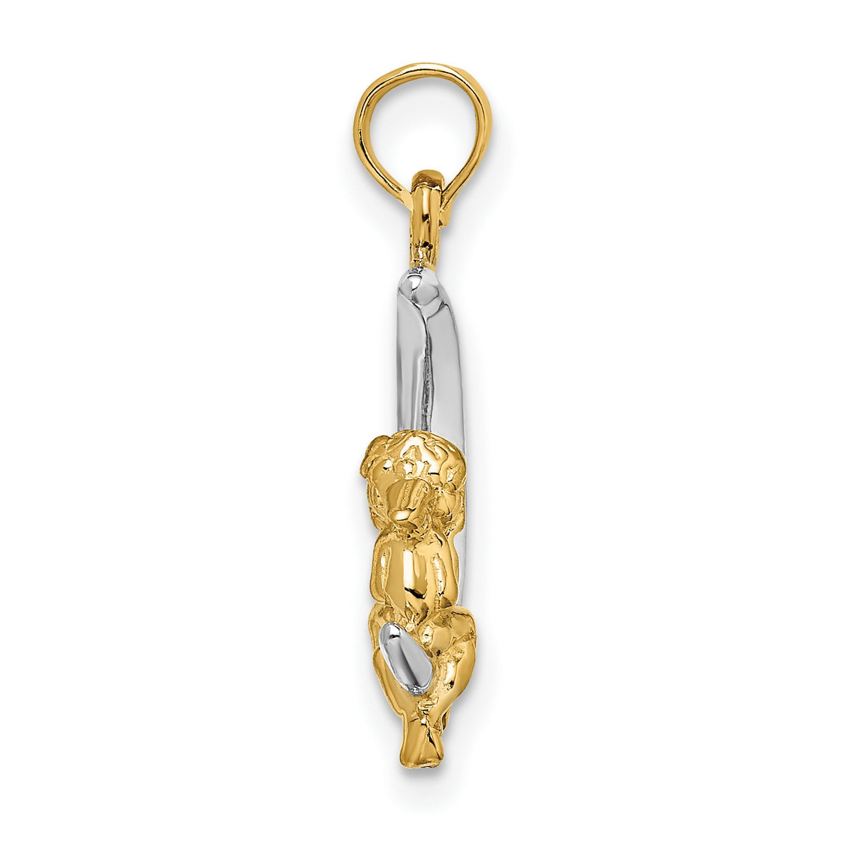 Cherub Sitting On White Crescent Moon Charm Pendant in Real 14k Multi-Tone Gold