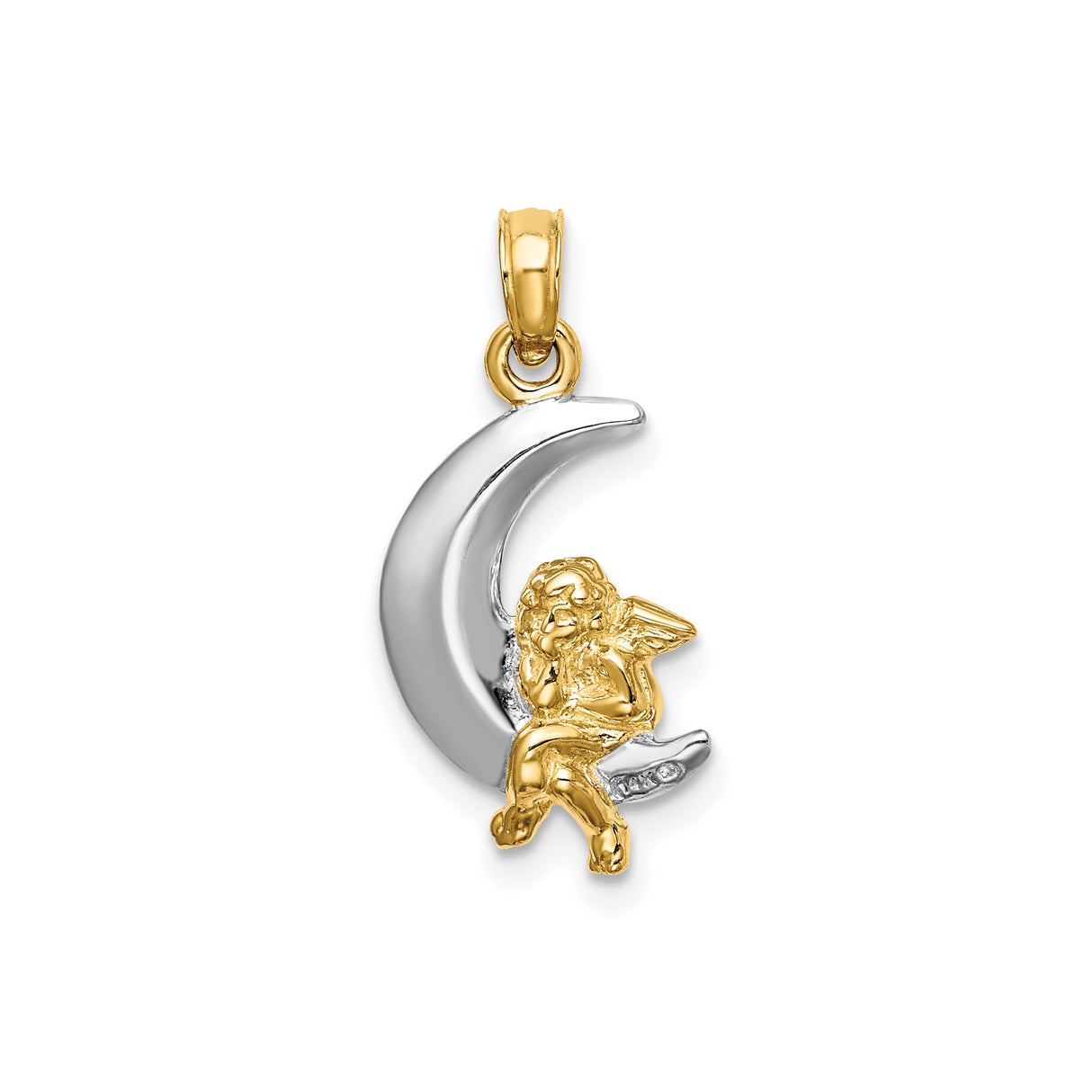 14k Two-Tone Gold Angel on Crescent Moon Pendant, Christian Spiritual Jewelry