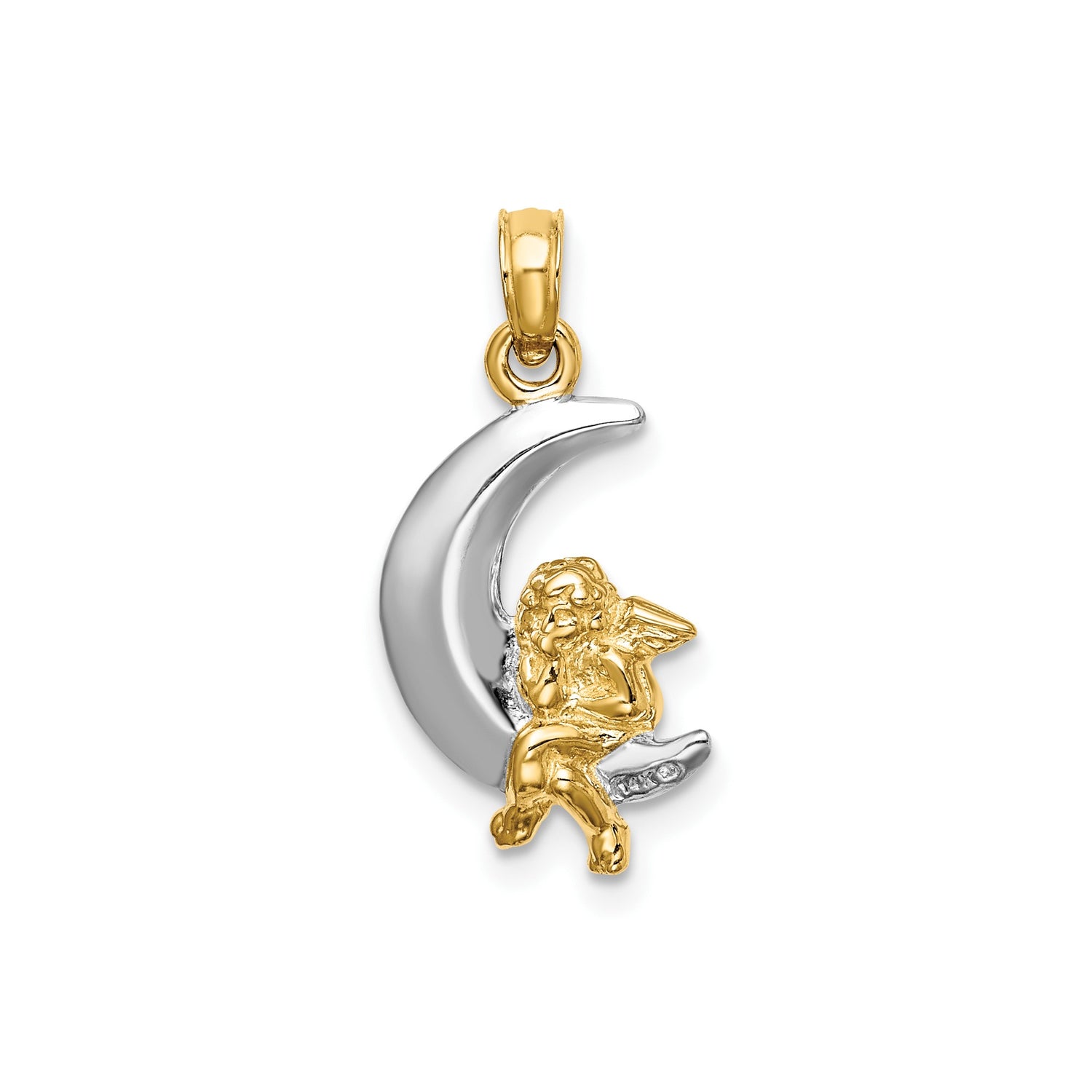 14k Two-Tone Gold Angel on Crescent Moon Pendant, Christian Spiritual Jewelry