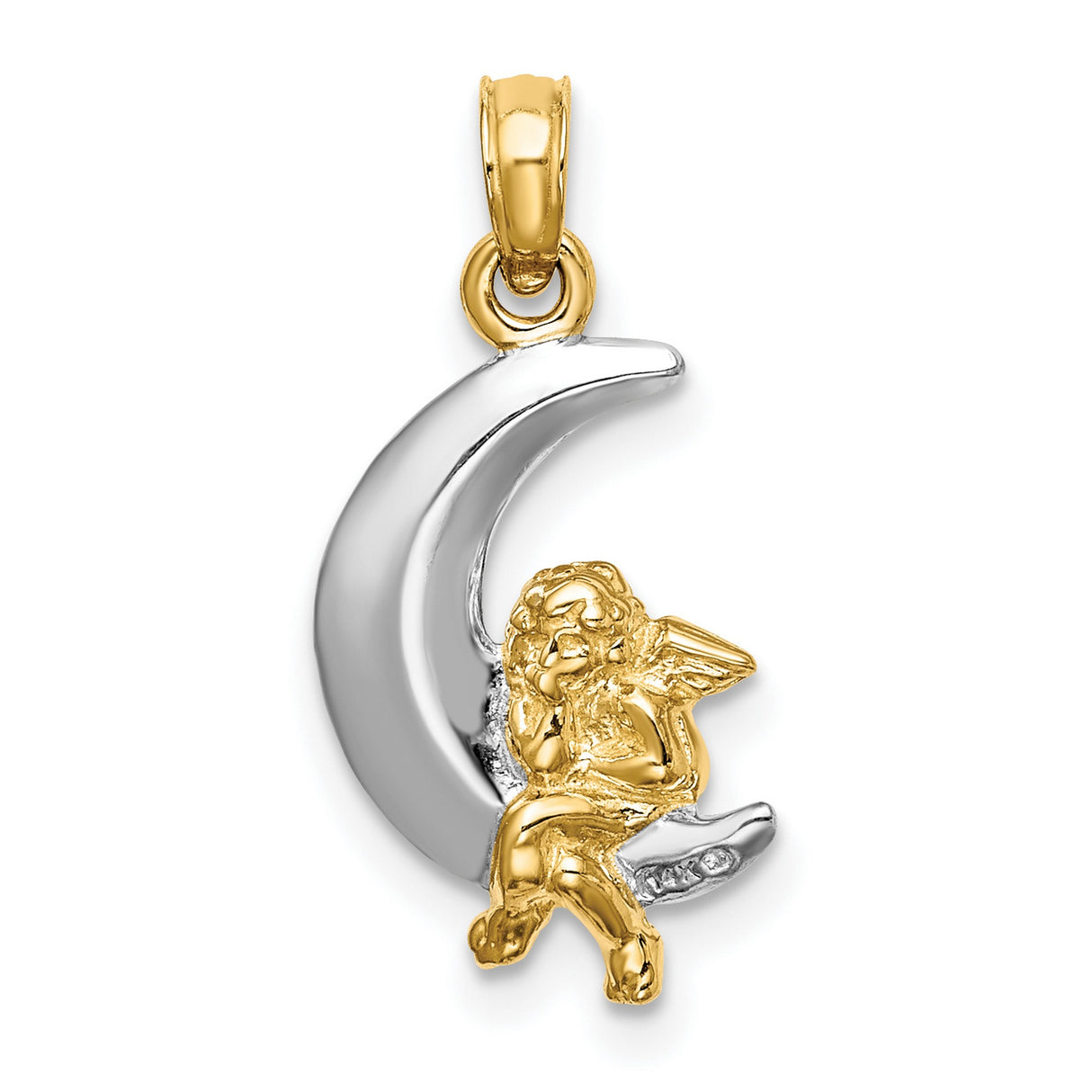 Cherub Sitting On White Crescent Moon Charm Pendant in Real 14k Multi-Tone Gold