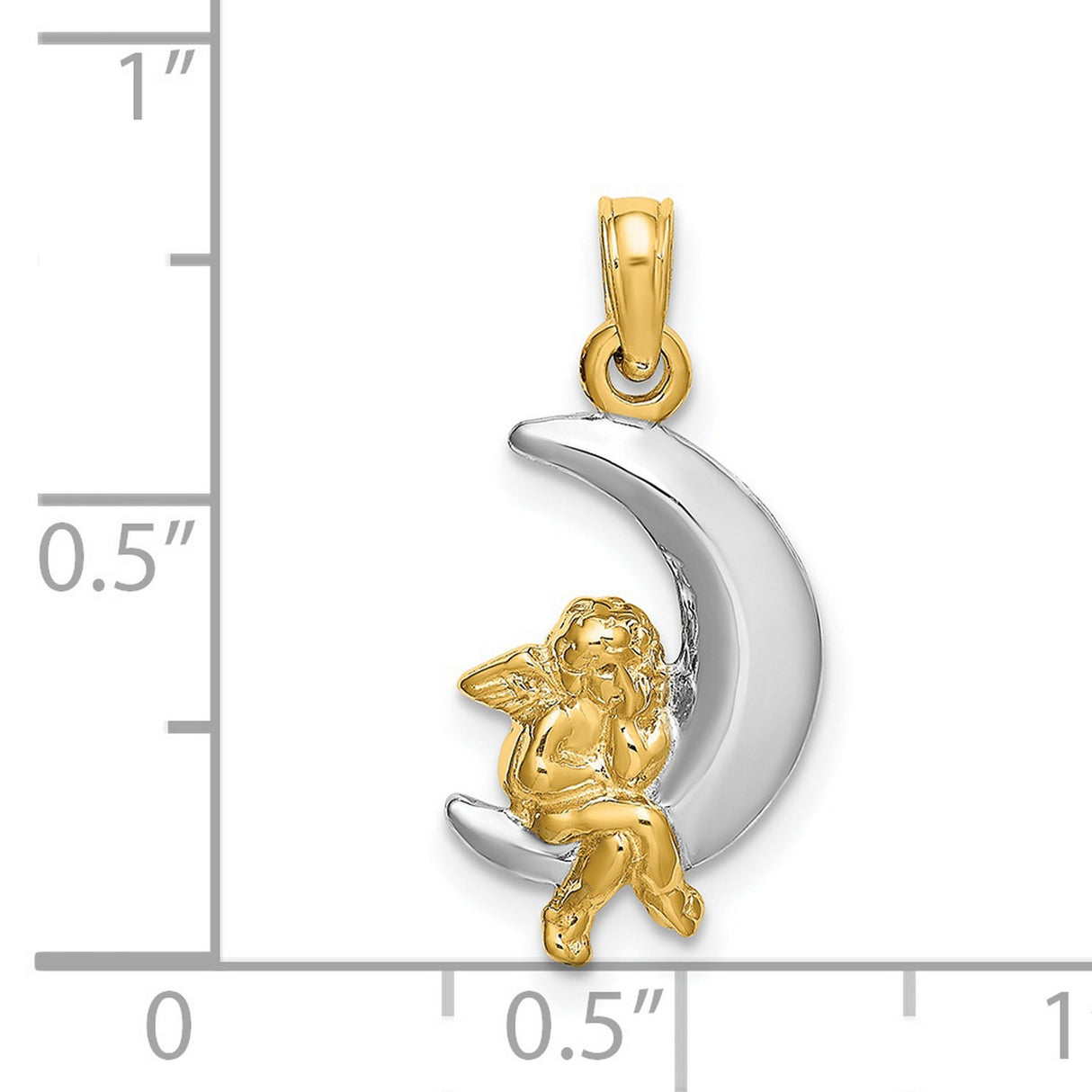 Cherub Sitting On White Crescent Moon Charm Pendant in Real 14k Multi-Tone Gold