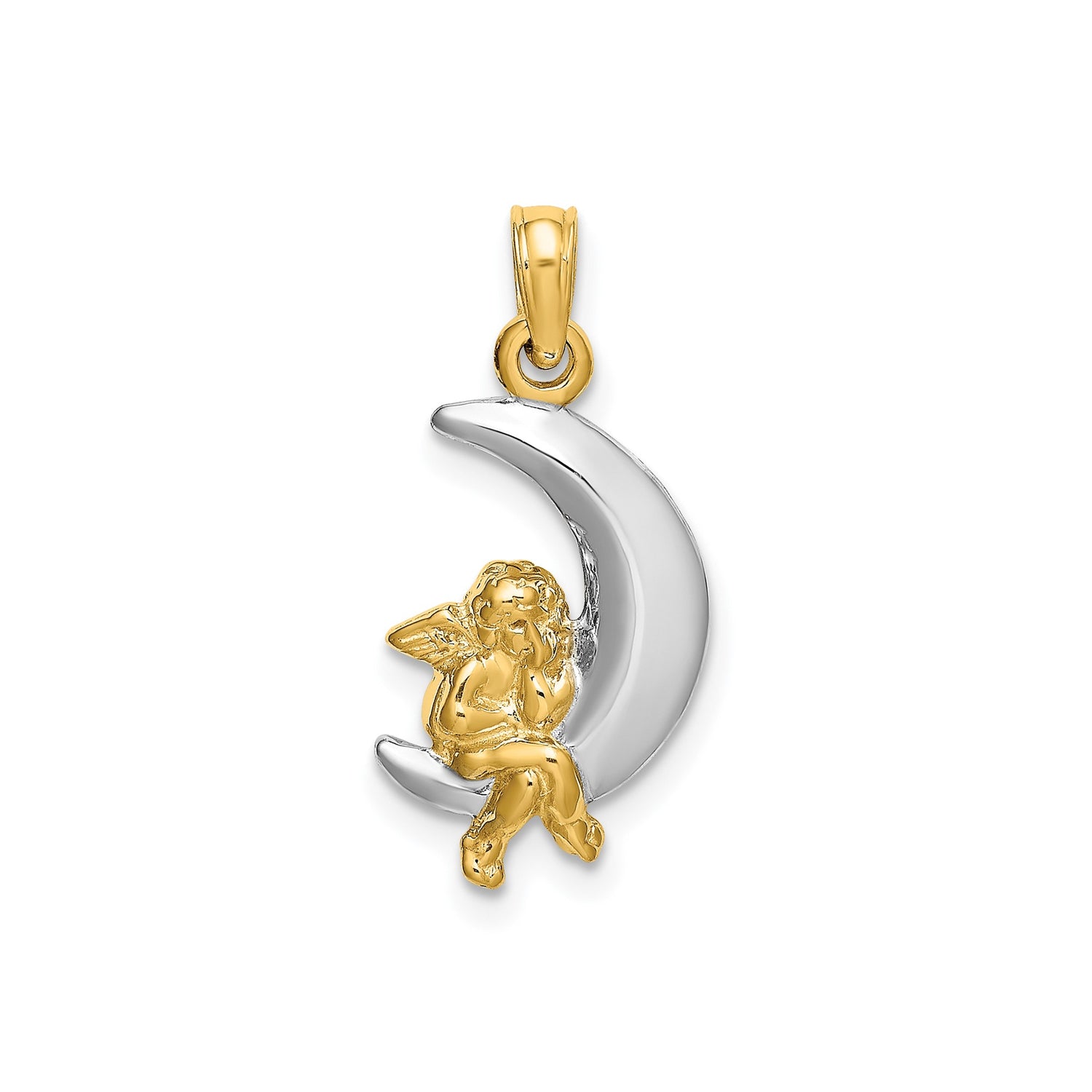 14k Two-Tone Gold Angel on Crescent Moon Pendant, Christian Spiritual Jewelry