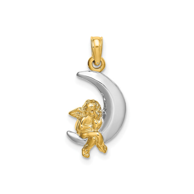 14k Two-Tone Gold Angel on Crescent Moon Pendant, Christian Spiritual Jewelry