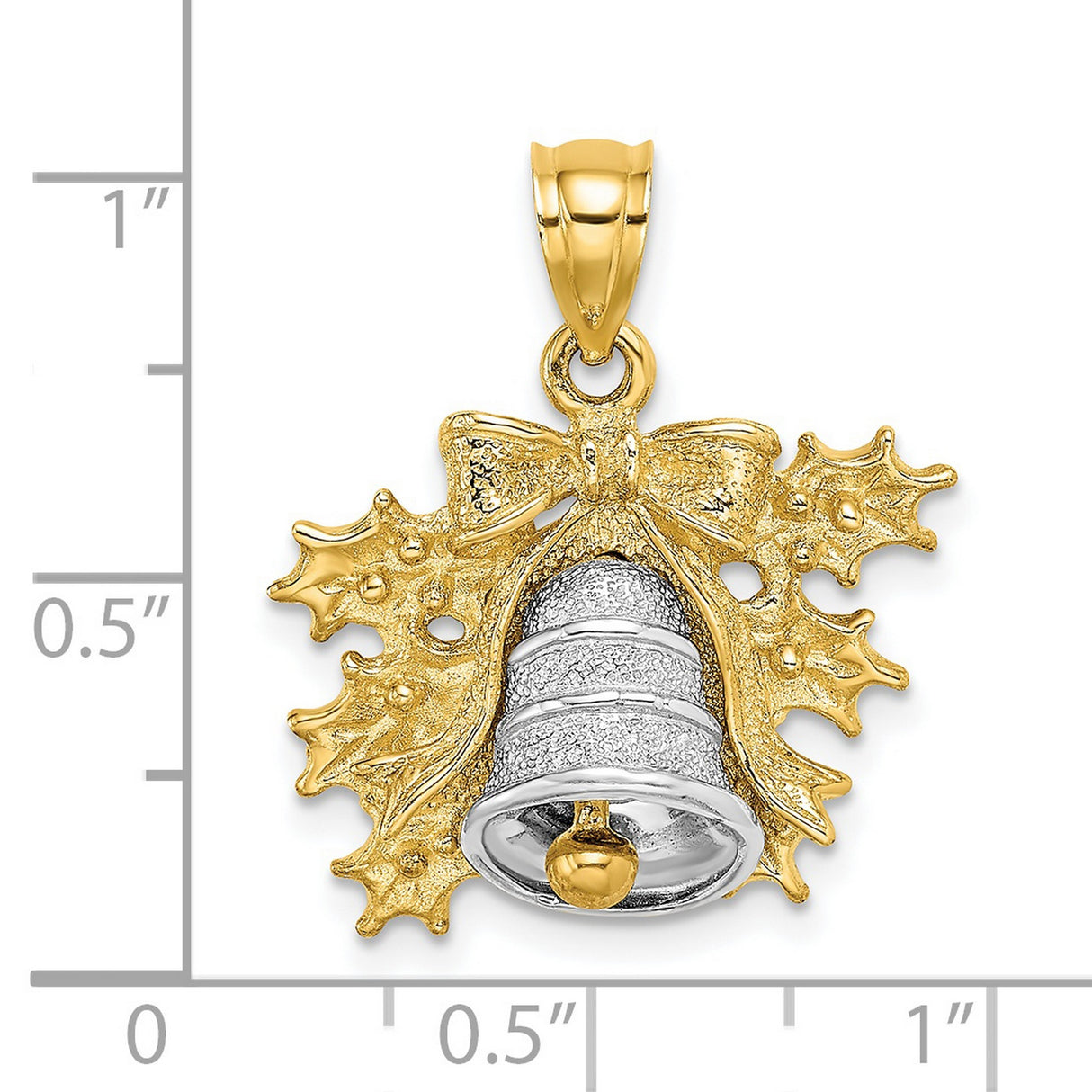 14k Two-Tone Gold Christmas Bell Pendant with Textured Bell, Holly Leaves, and Bow