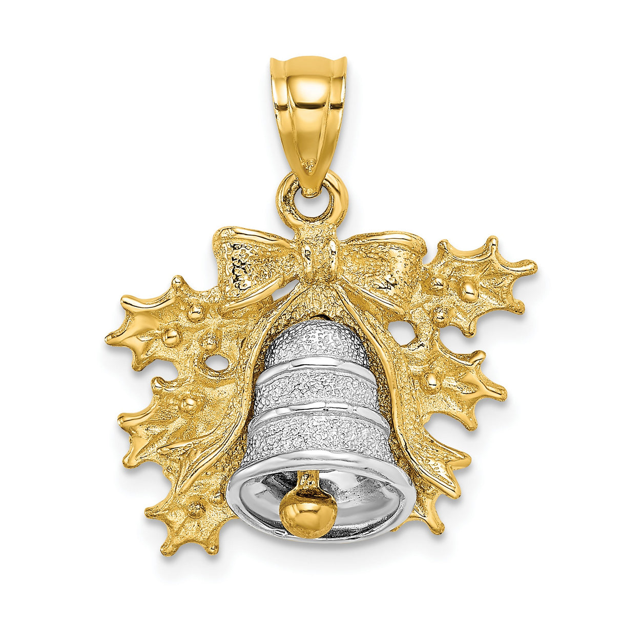 14k Two-Tone Gold Christmas Bell Pendant with Textured Bell, Holly Leaves, and Bow