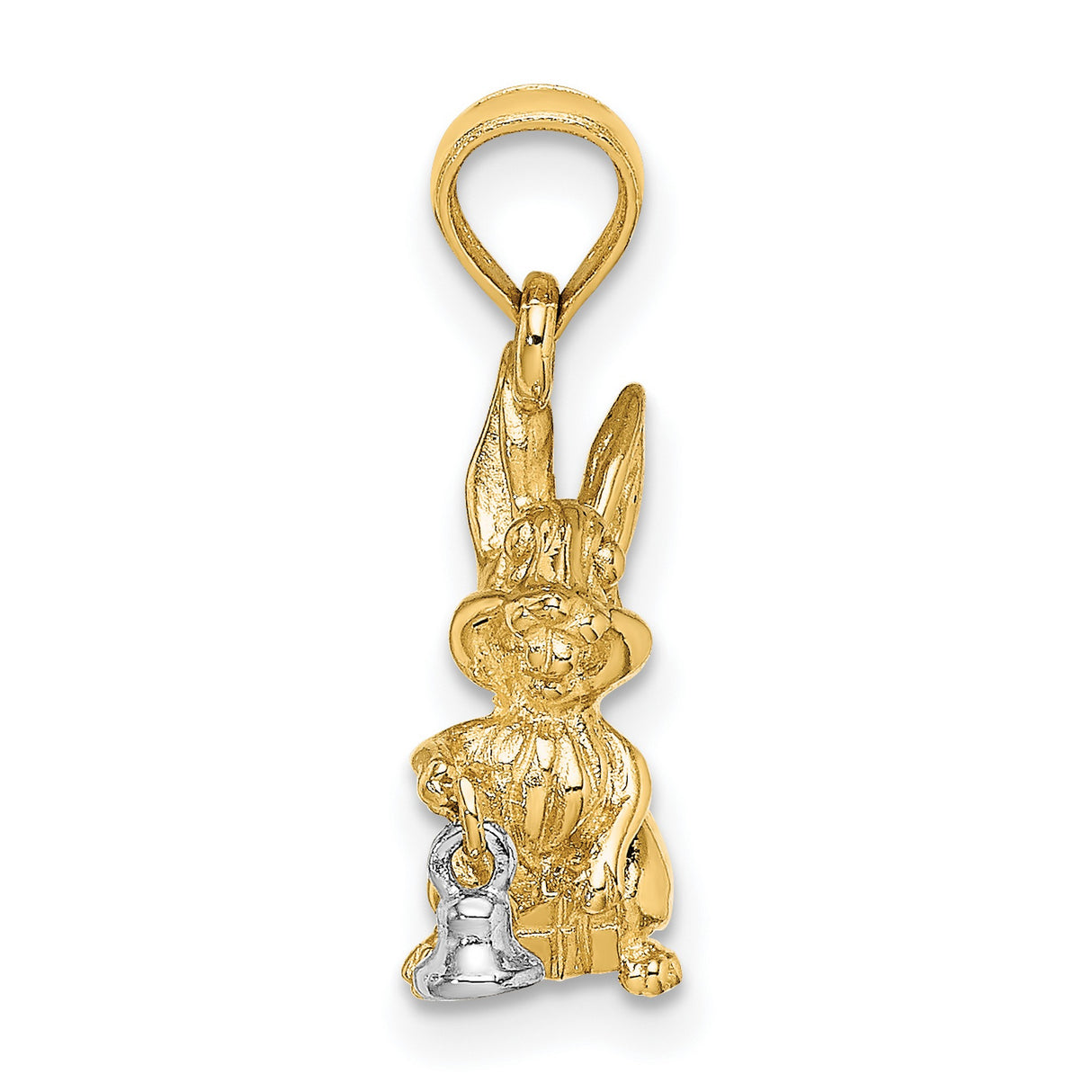 14k Two-Tone Gold Bunny Pendant with Movable Bell, 3D Rabbit Charm, Whimsical Animal Jewelry