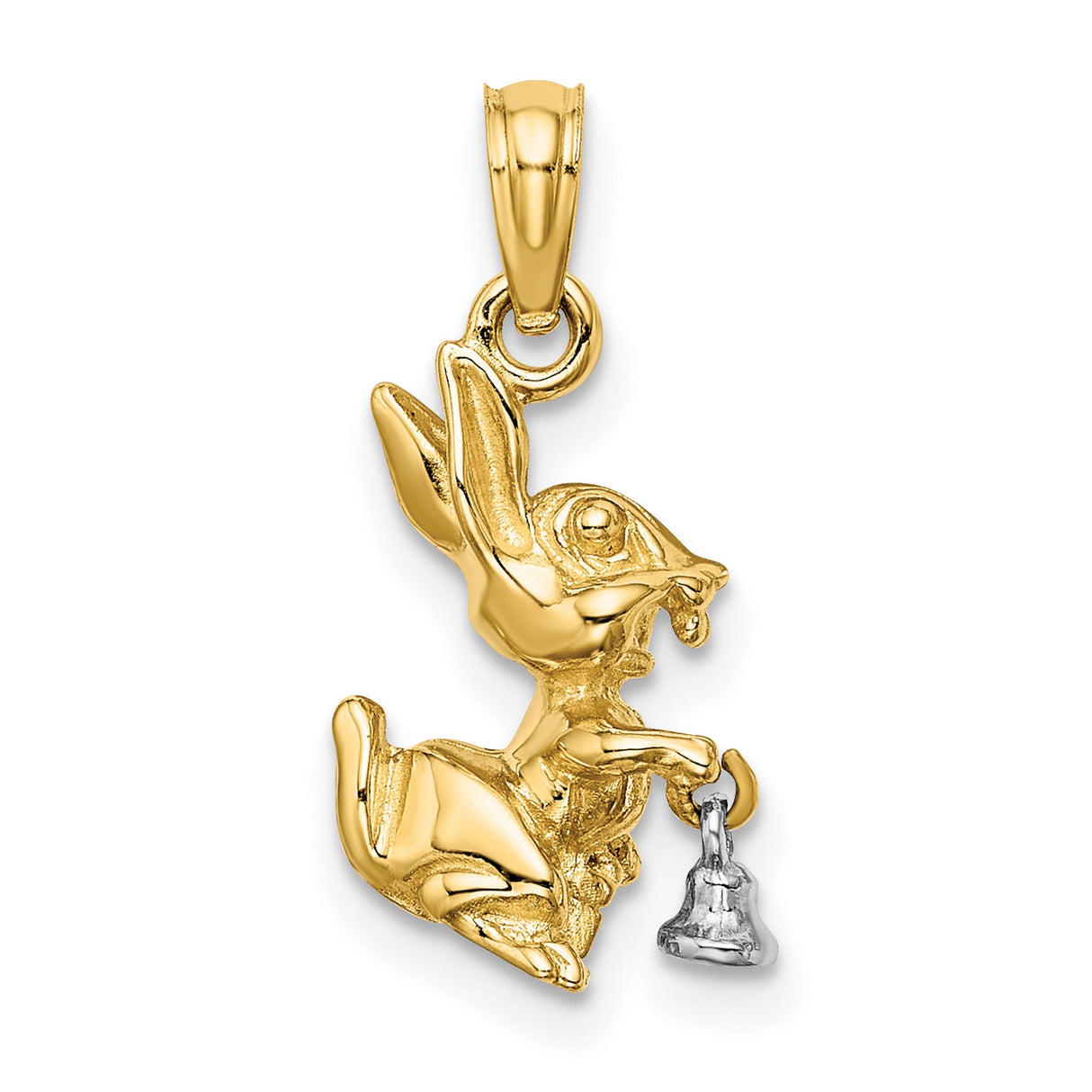14k Two-Tone Gold Bunny Pendant with Movable Bell, 3D Rabbit Charm, Whimsical Animal Jewelry