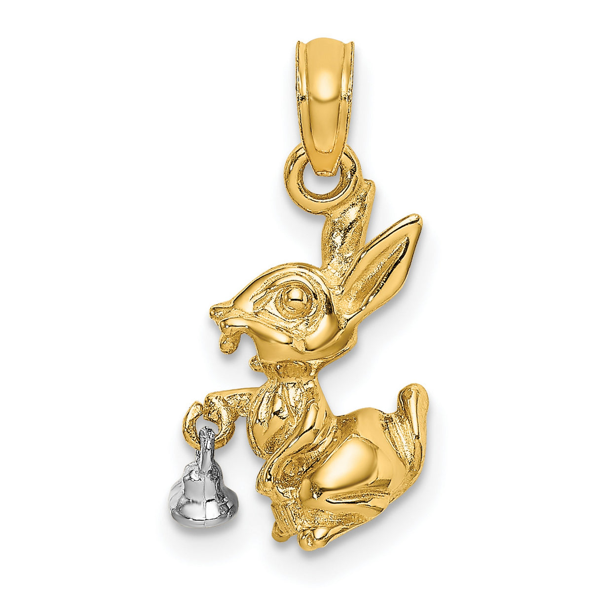 14k Two-Tone Gold Bunny Pendant with Movable Bell, 3D Rabbit Charm, Whimsical Animal Jewelry