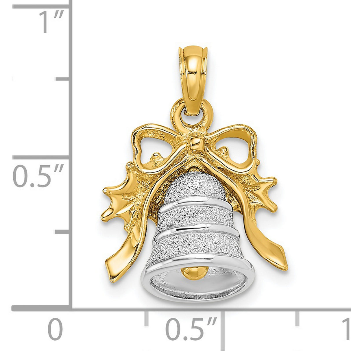 14k Two-Tone Gold Christmas Bell Pendant with Bow and Holly Design