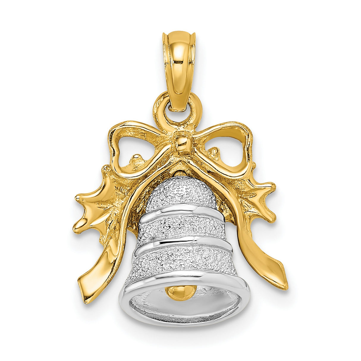 14k Two-Tone Gold Christmas Bell Pendant with Bow and Holly Design