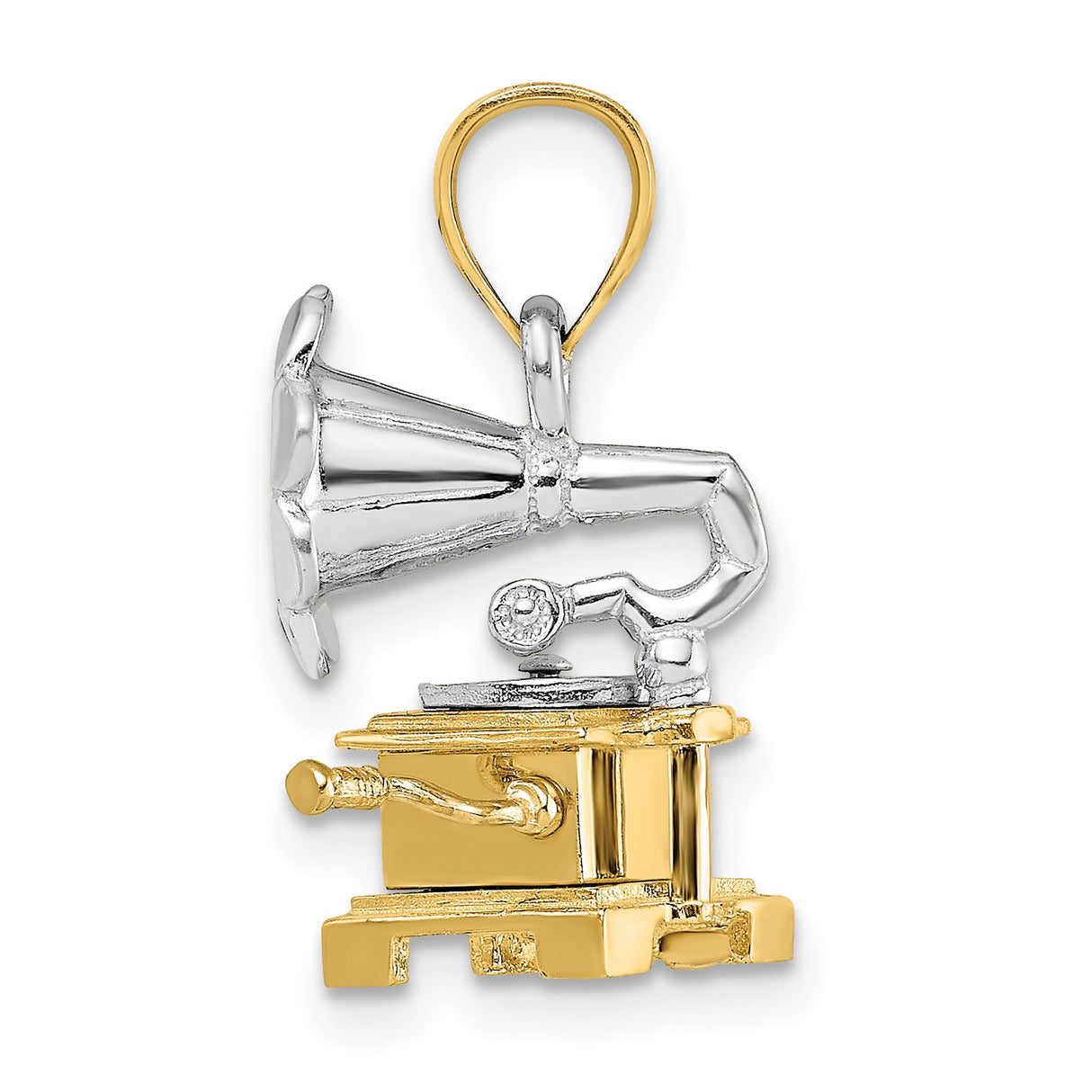 14k Two-Tone Gold Gramophone Pendant with White Gold Flower Speaker, Vintage Phonograph Charm