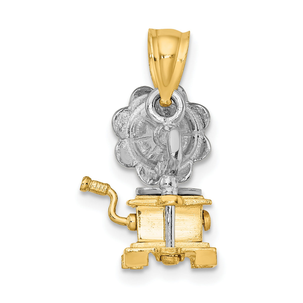14k Two-Tone Gold Gramophone Pendant with White Gold Flower Speaker, Vintage Phonograph Charm