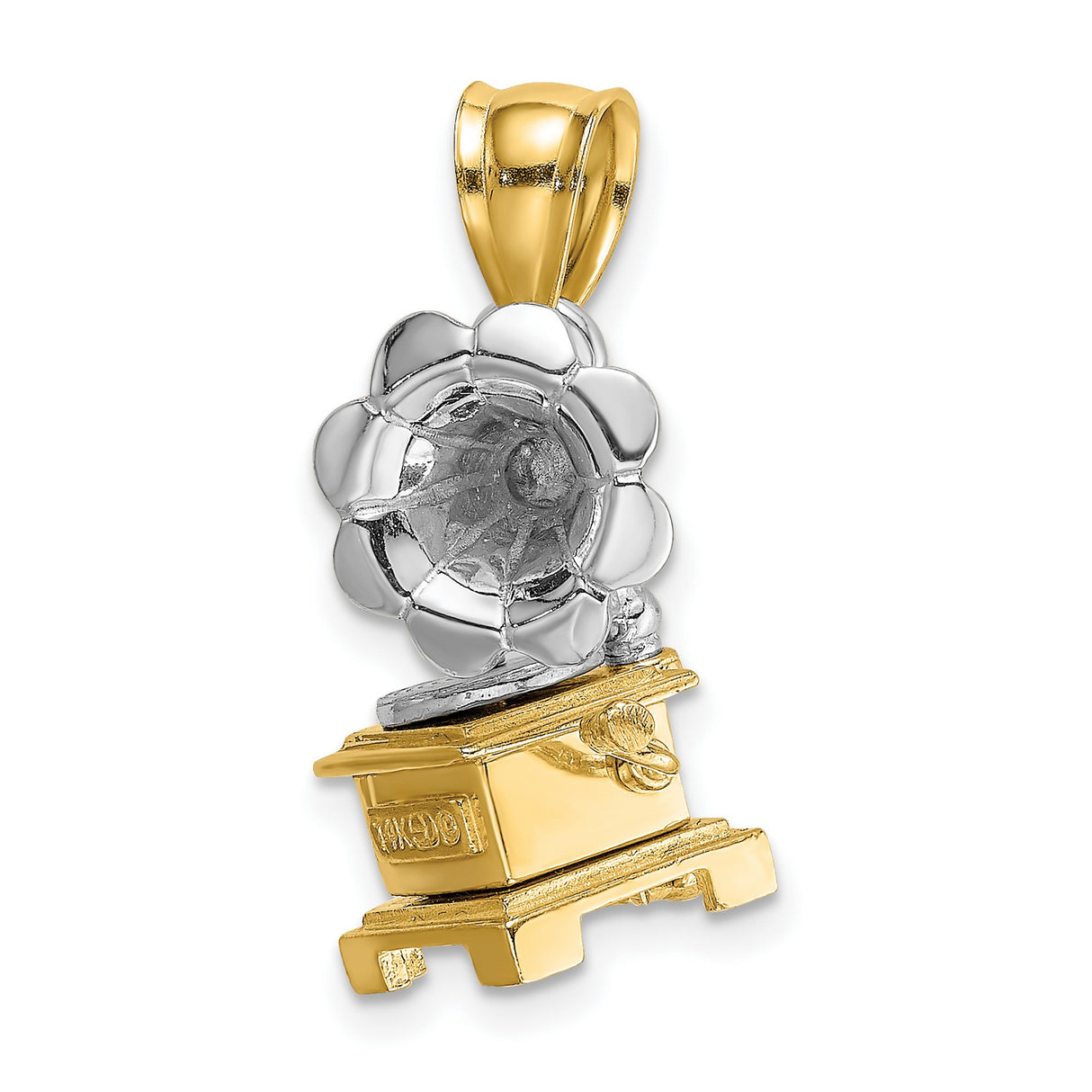 14k Two-Tone Gold Gramophone Pendant with White Gold Flower Speaker, Vintage Phonograph Charm
