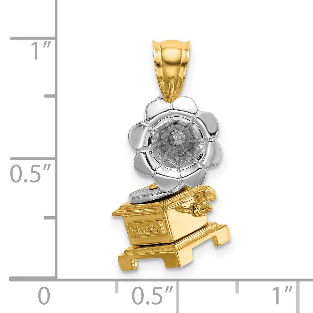 14k Two-Tone Gold Gramophone Pendant with White Gold Flower Speaker, Vintage Phonograph Charm