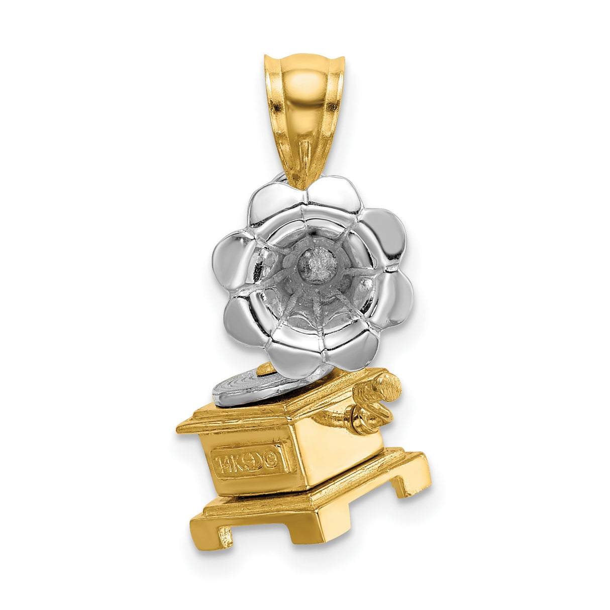 14k Two-Tone Gold Gramophone Pendant with White Gold Flower Speaker, Vintage Phonograph Charm