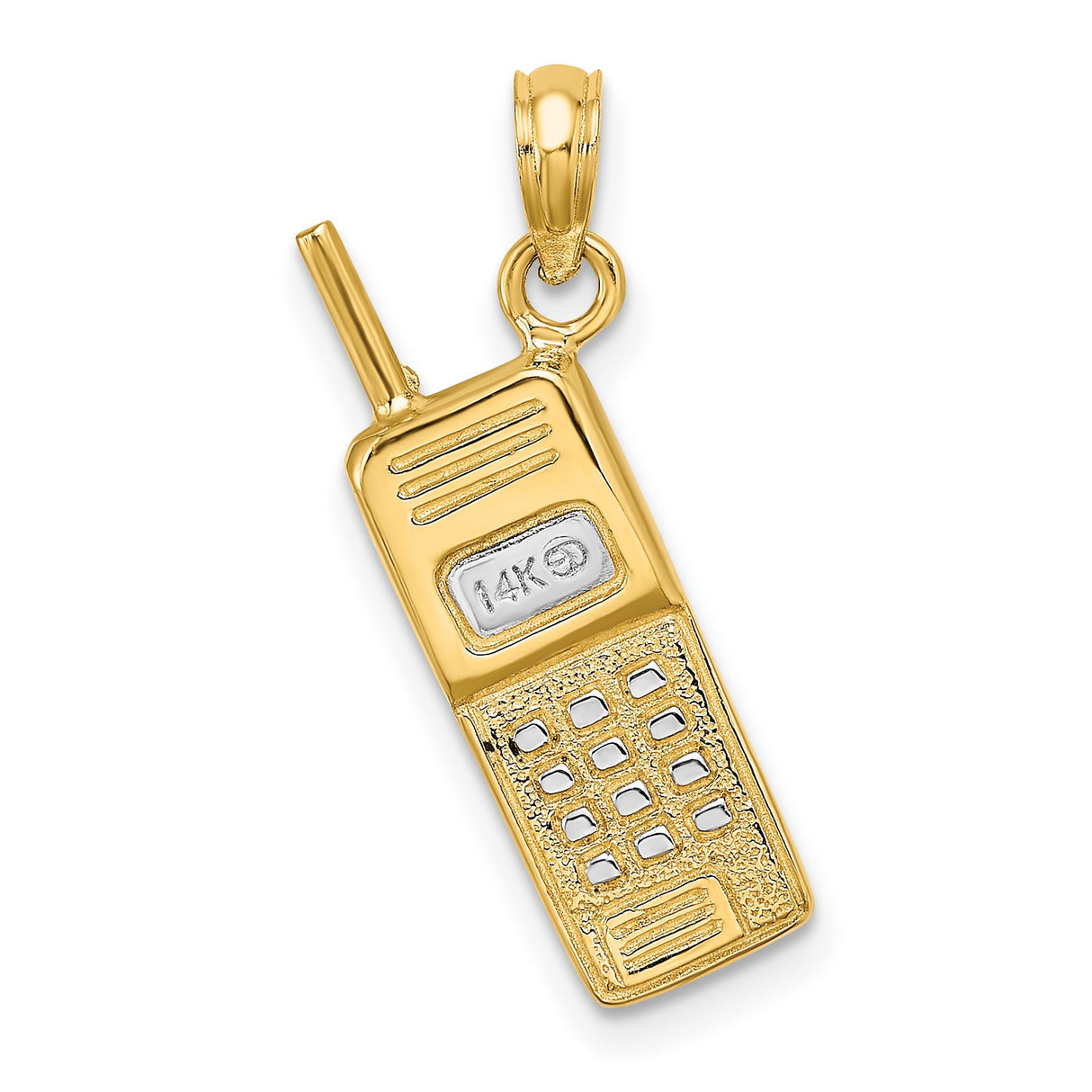 14k Multi-Tone Gold Cell Phone Pendant, Retro Rhodium Finish, Vintage Tech Style Charm