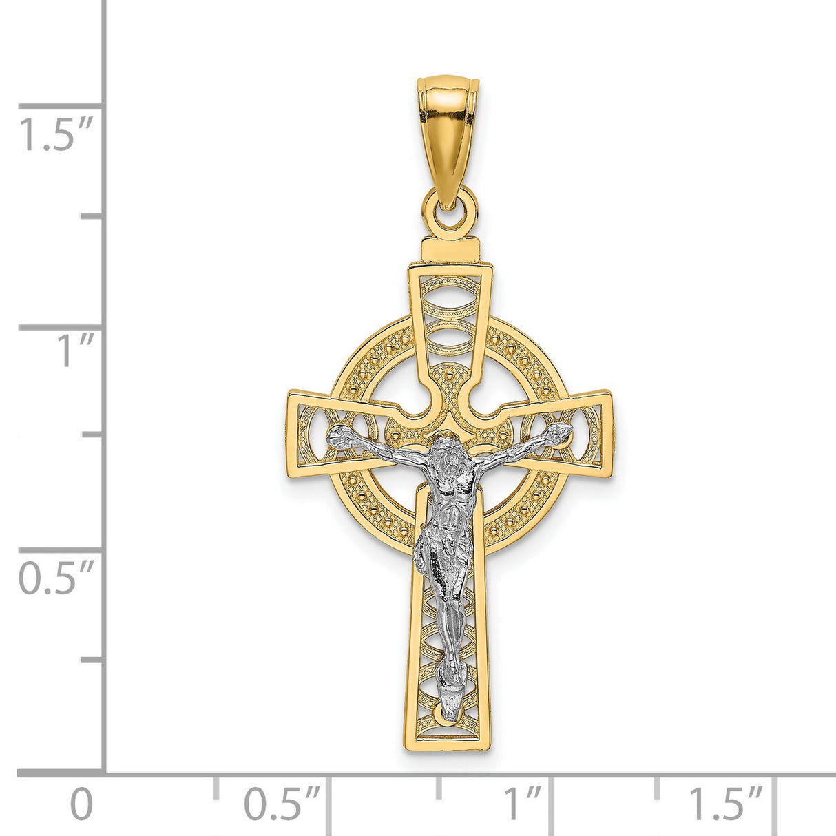 14k Yellow and White Gold Crucifix Cross Pendant with Jesus Figure and Celtic Design