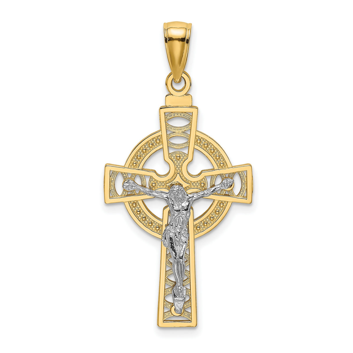 14k Yellow and White Gold Crucifix Cross Pendant with Jesus Figure and Celtic Design