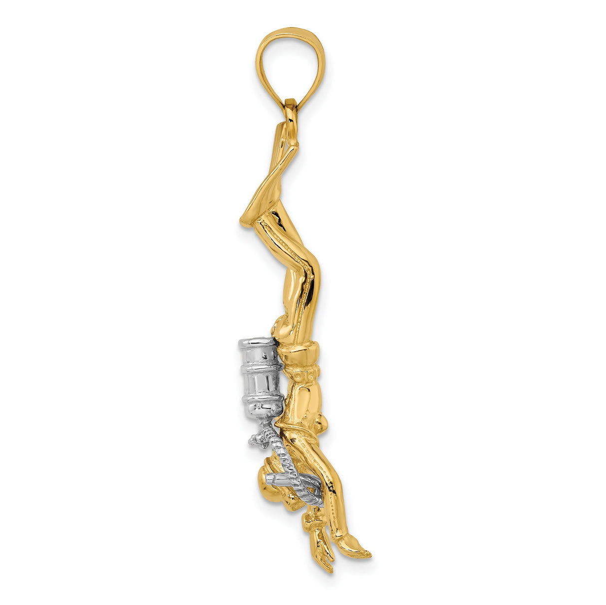 14k Two-Tone Gold Scuba Diver Pendant, Upside Down Diver with Fins and Gear, Nautical Charm