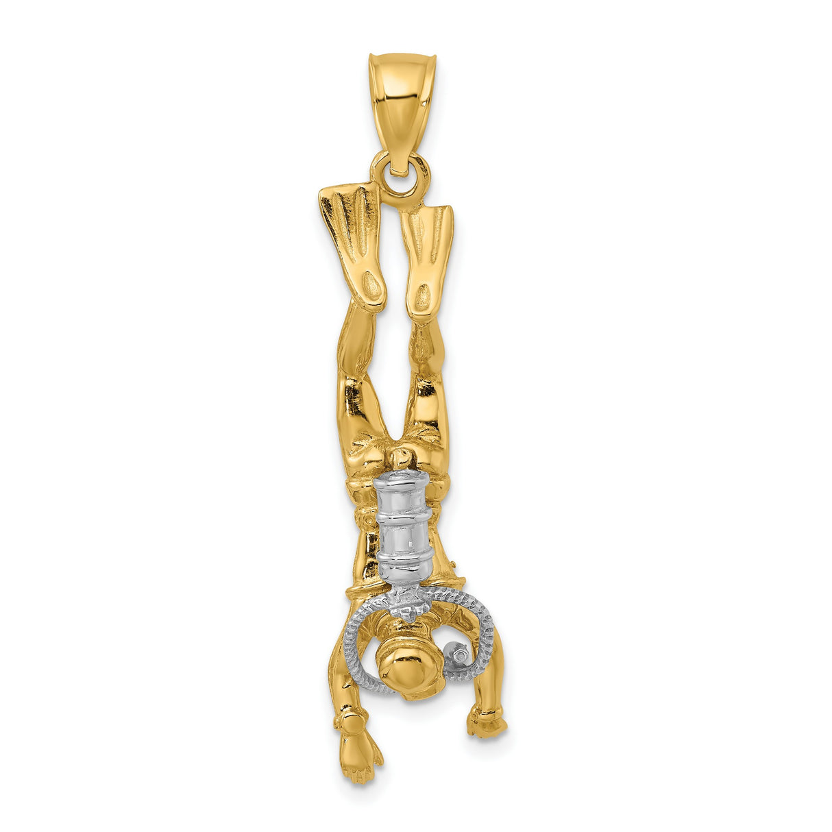 14k Two-Tone Gold Scuba Diver Pendant, Upside Down Diver with Fins and Gear, Nautical Charm