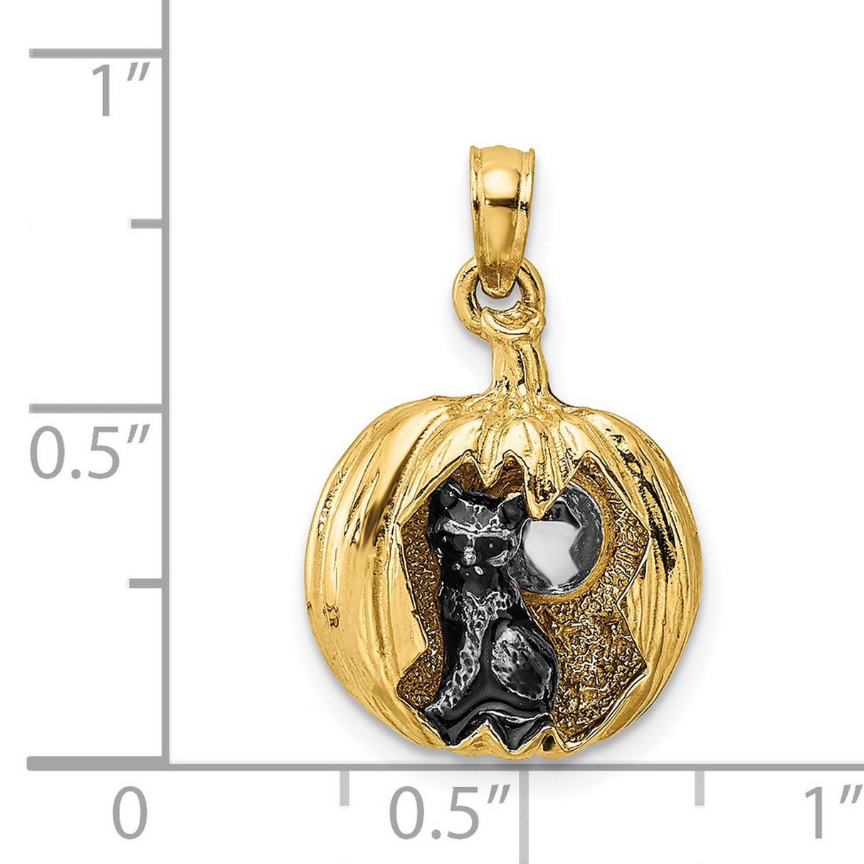 14k Multi-Tone Gold Halloween Pendant with Black Cat in Pumpkin and Moon Design