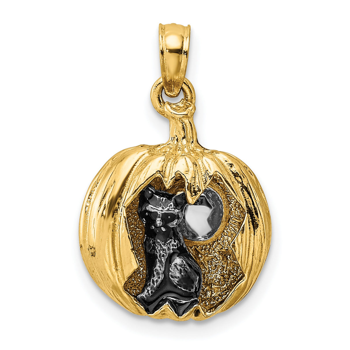 14k Multi-Tone Gold Halloween Pendant with Black Cat in Pumpkin and Moon Design
