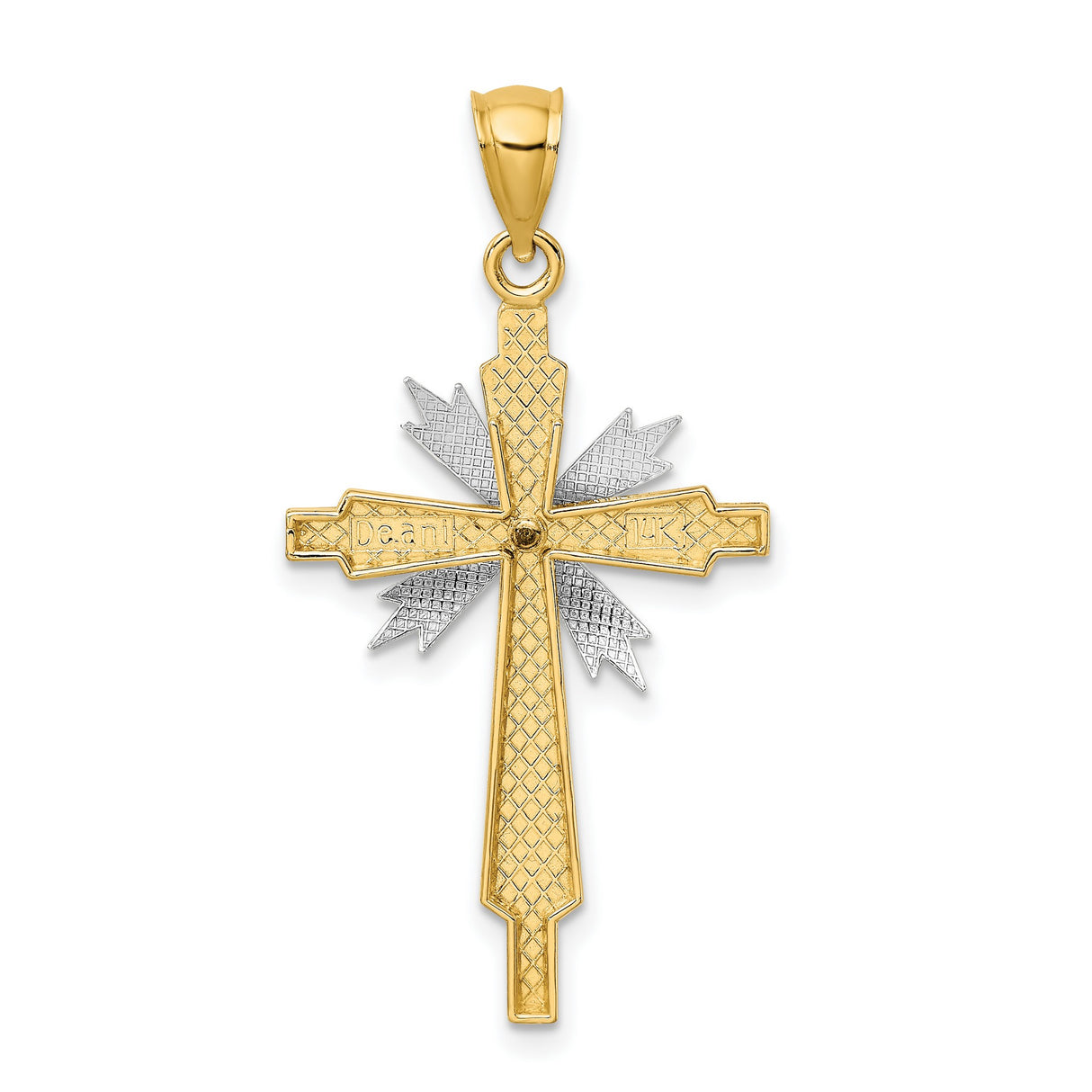 14k Multi-Tone Gold Beveled Cross Pendant with White Accents, Religious Charm for Men and Women