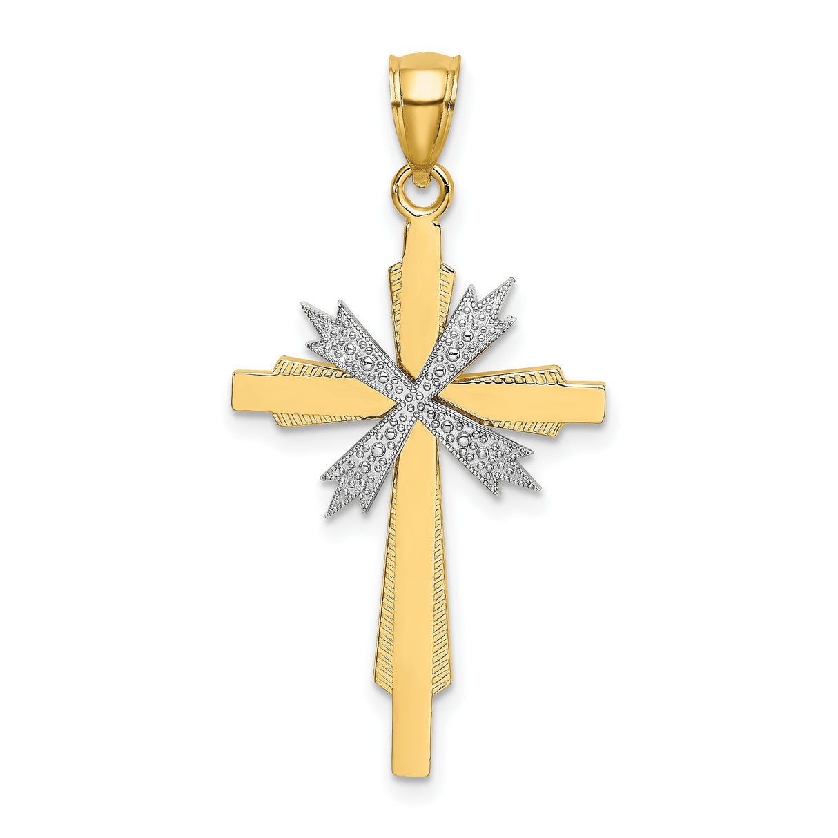14k Multi-Tone Gold Beveled Cross Pendant with White Accents, Religious Charm for Men and Women