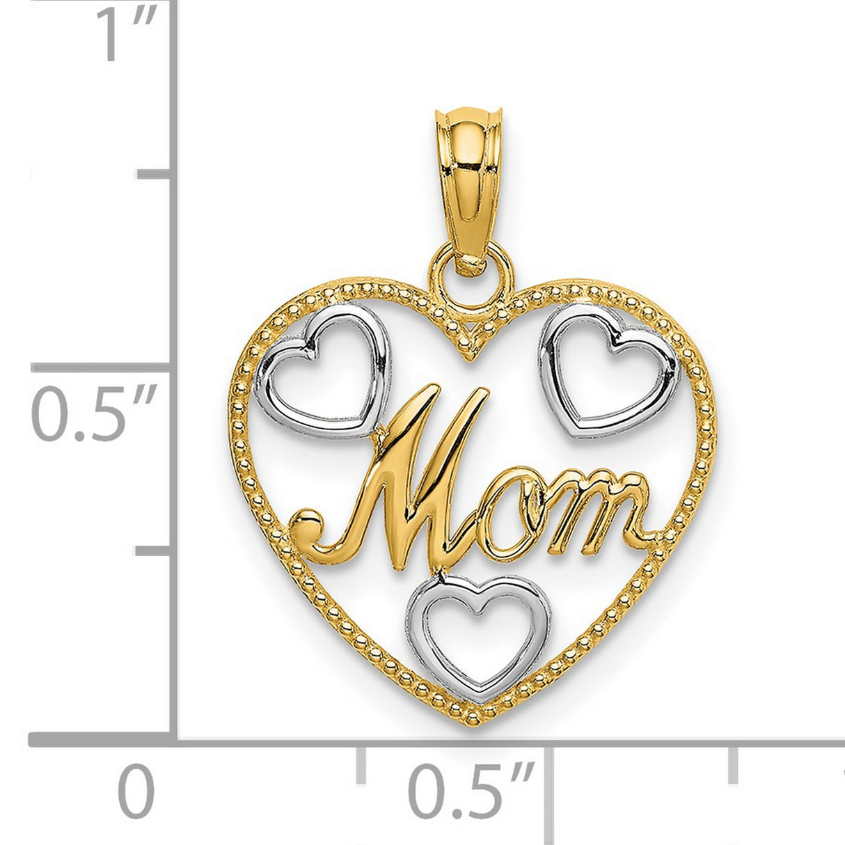 14k Multi-Tone Gold Heart Pendant with Mom Design and Rhodium Accents for Women