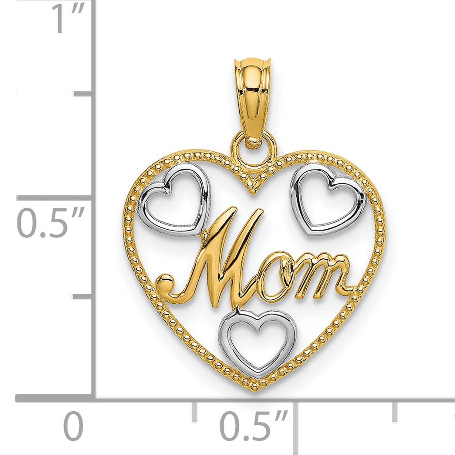 14k Multi-Tone Gold Heart Pendant with Mom Design and Rhodium Accents for Women