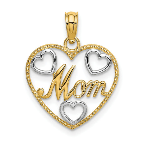 14k Multi-Tone Gold Heart Pendant with Mom Design and Rhodium Accents for Women