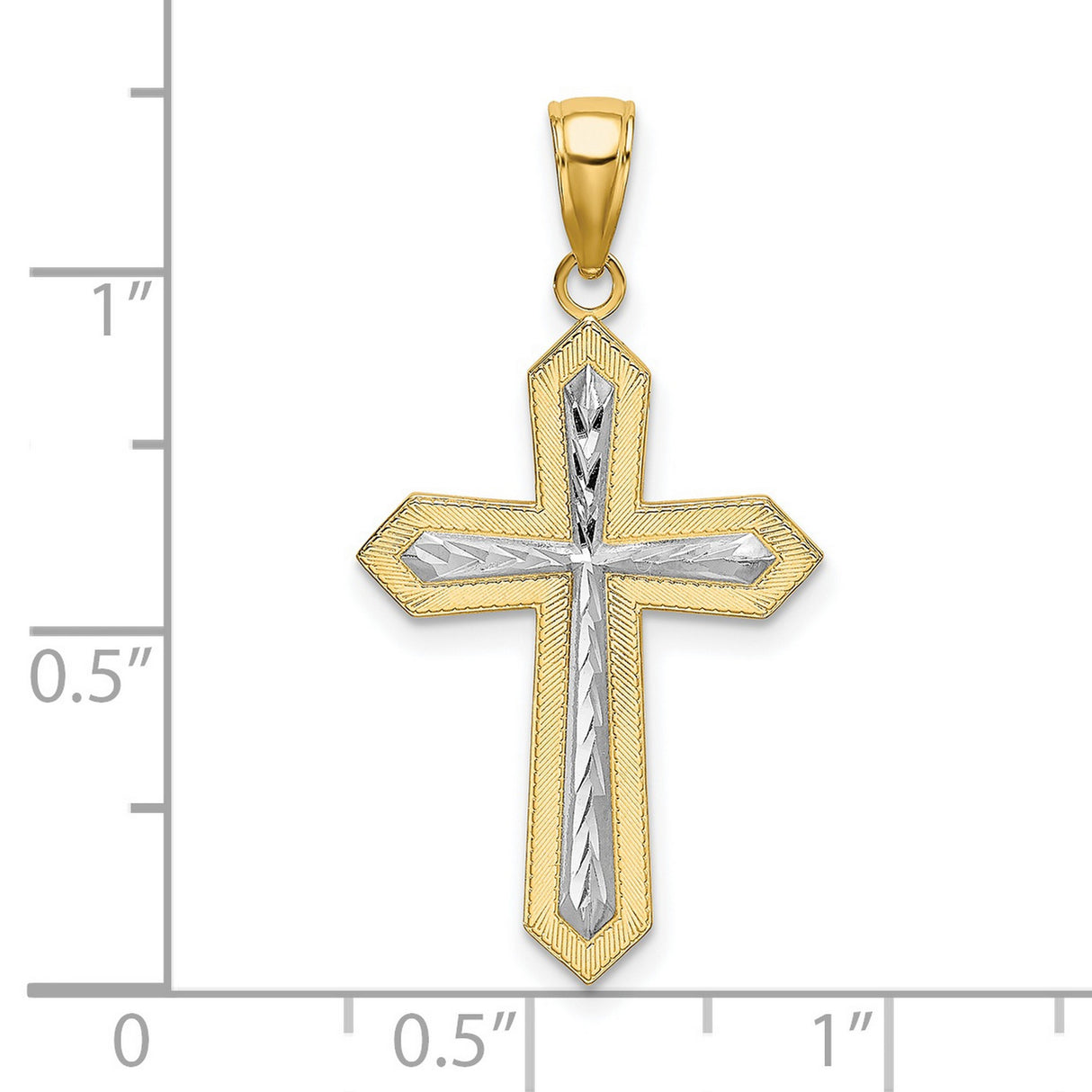 14k Yellow and White Gold Cross Pendant with Textured Center Design, Two-Tone Religious Charm