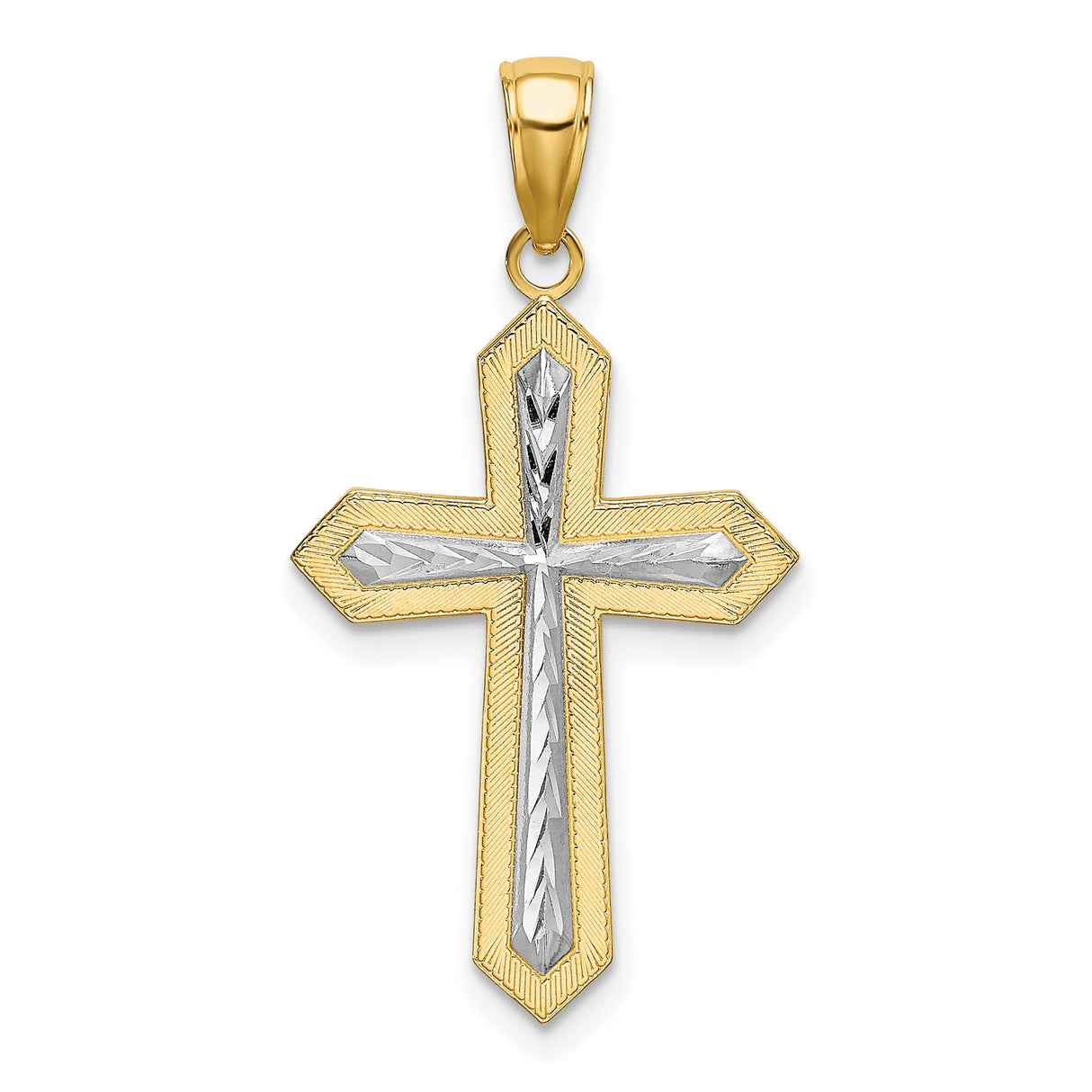 14k Yellow and White Gold Cross Pendant with Textured Center Design, Two-Tone Religious Charm