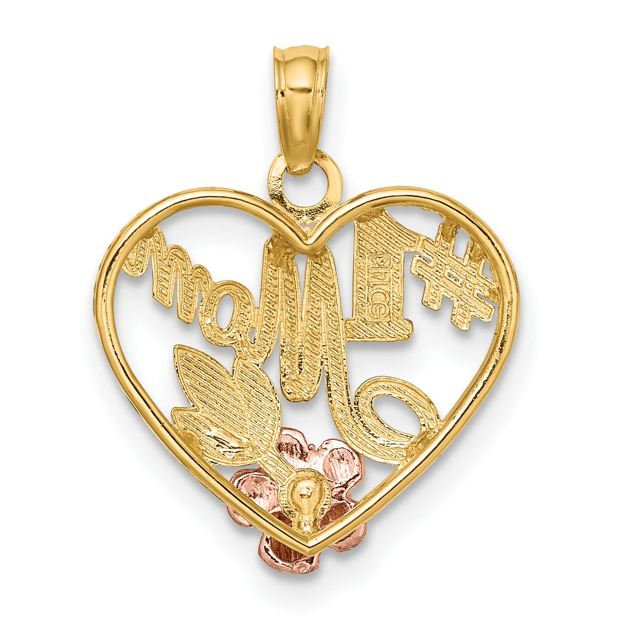 14k Two-Tone Gold Heart Pendant with Rose and Leaf Accents, #1 Mom Design