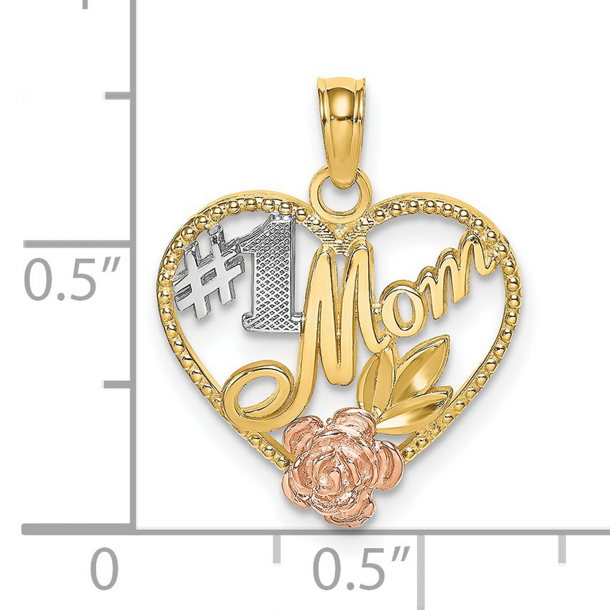 14k Two-Tone Gold Heart Pendant with Rose and Leaf Accents, #1 Mom Design