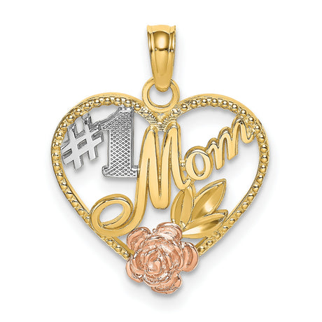 14k Two-Tone Gold Heart Pendant with Rose and Leaf Accents, #1 Mom Design