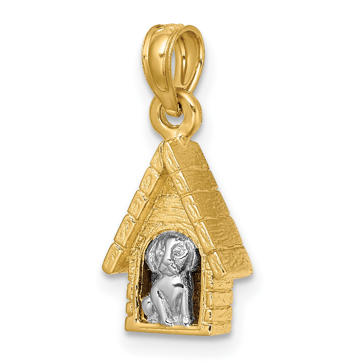 14k Two-Tone Gold Doghouse Pendant with Dog Inside, Pet Lover Charm