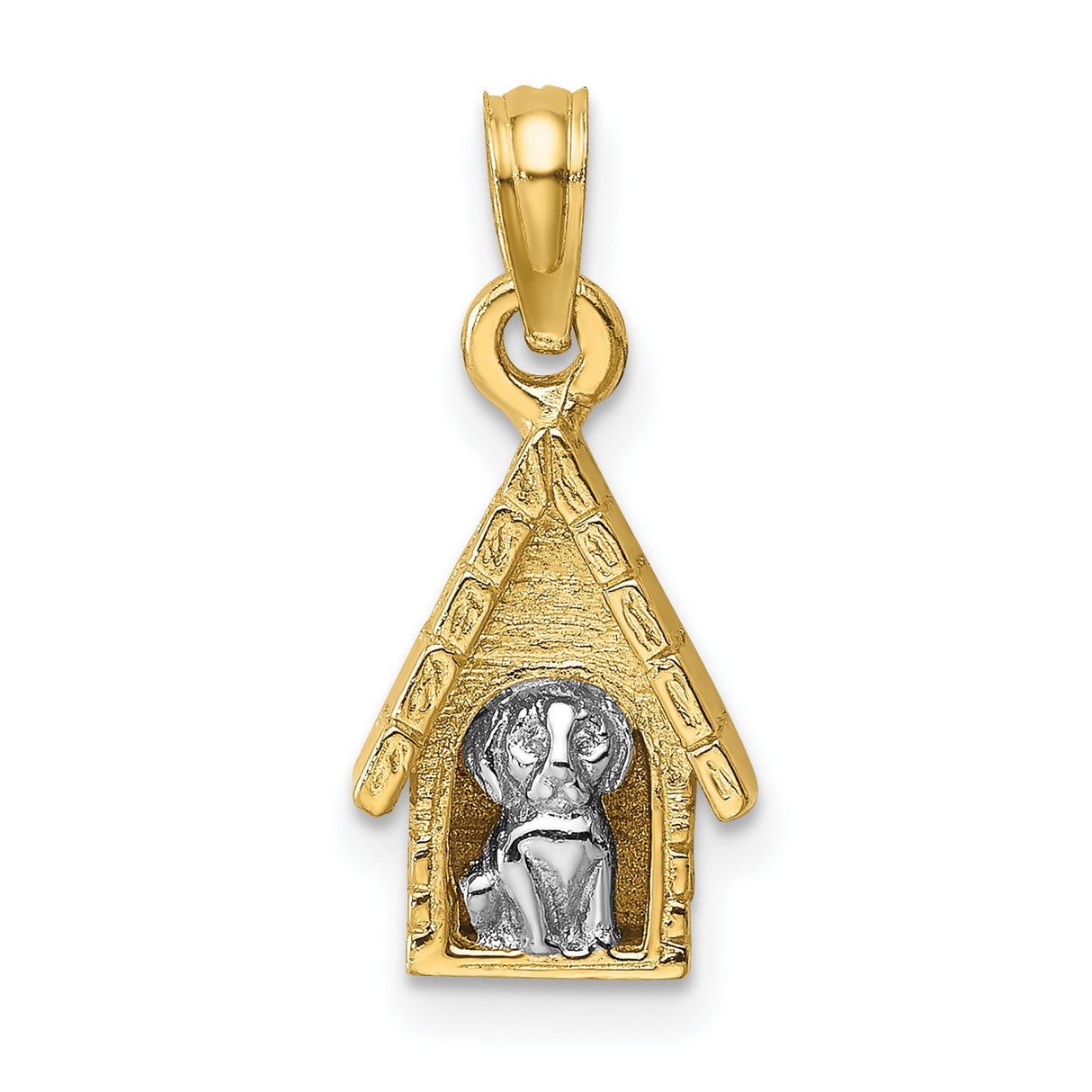 14k Two-Tone Gold Doghouse Pendant with Dog Inside, Pet Lover Charm