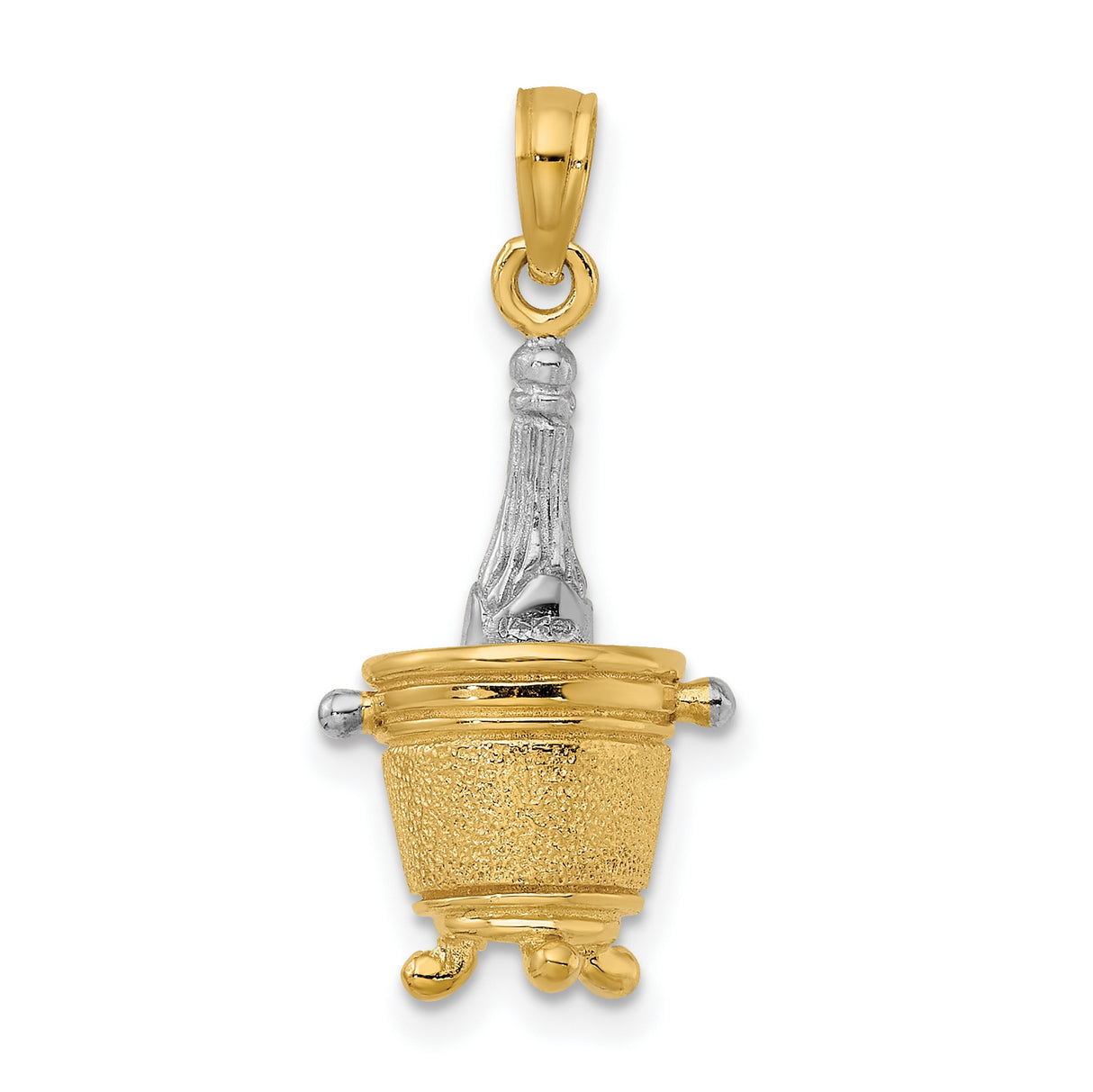 14k Multi-Tone Gold Champagne Bottle in Ice Bucket Pendant, 3D Celebration Charm