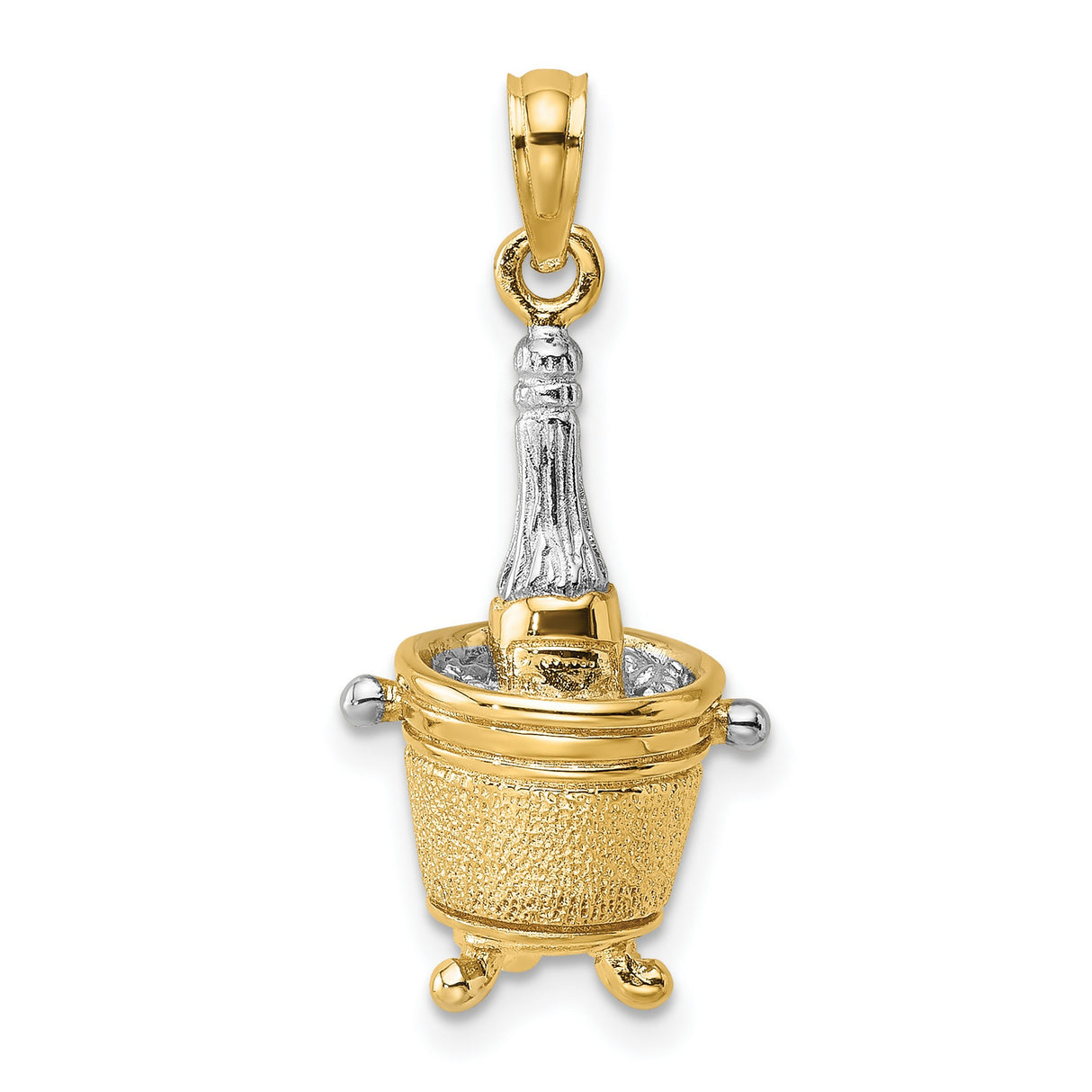 14k Multi-Tone Gold Champagne Bottle in Ice Bucket Pendant, 3D Celebration Charm