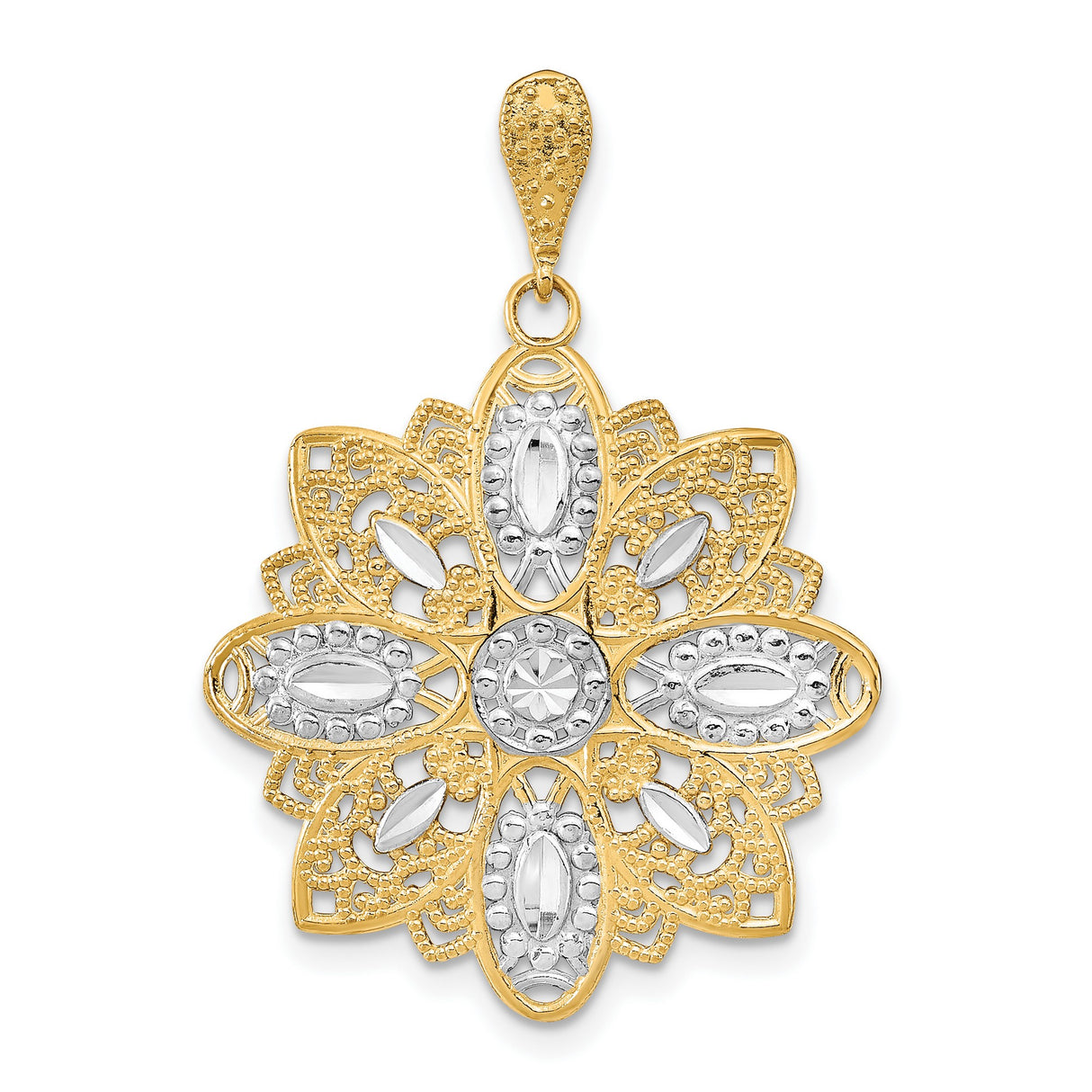 14k Two-Tone Gold Flower Pendant with Filigree Petal Design for Women