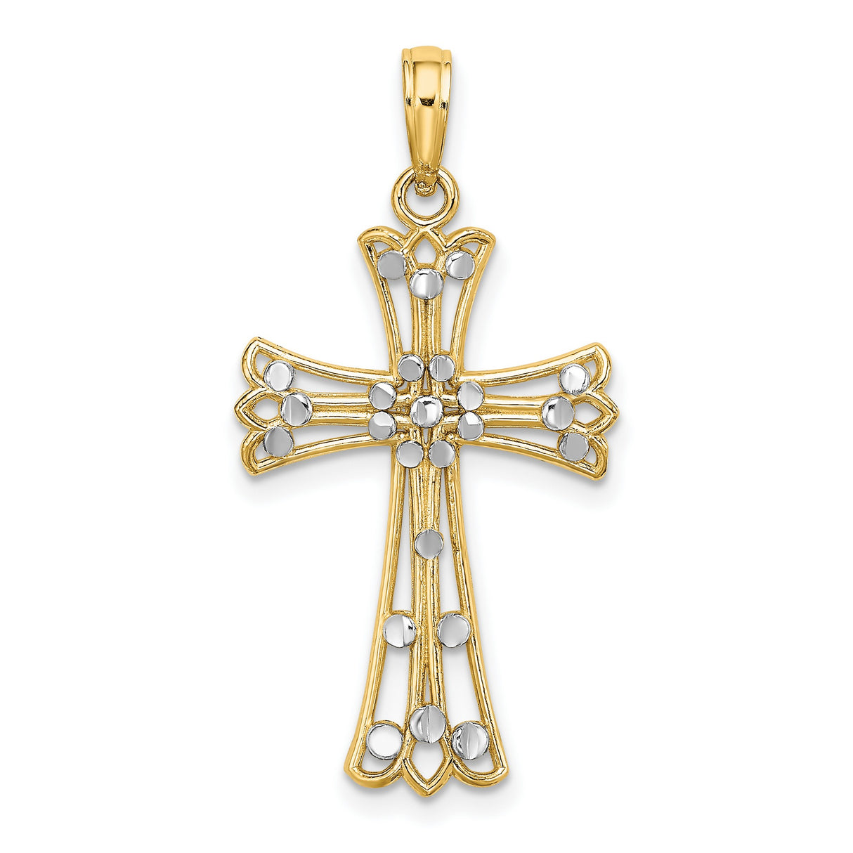 14k Two-Tone Gold Cross Pendant with Openwork Floral Design and Silver Accents