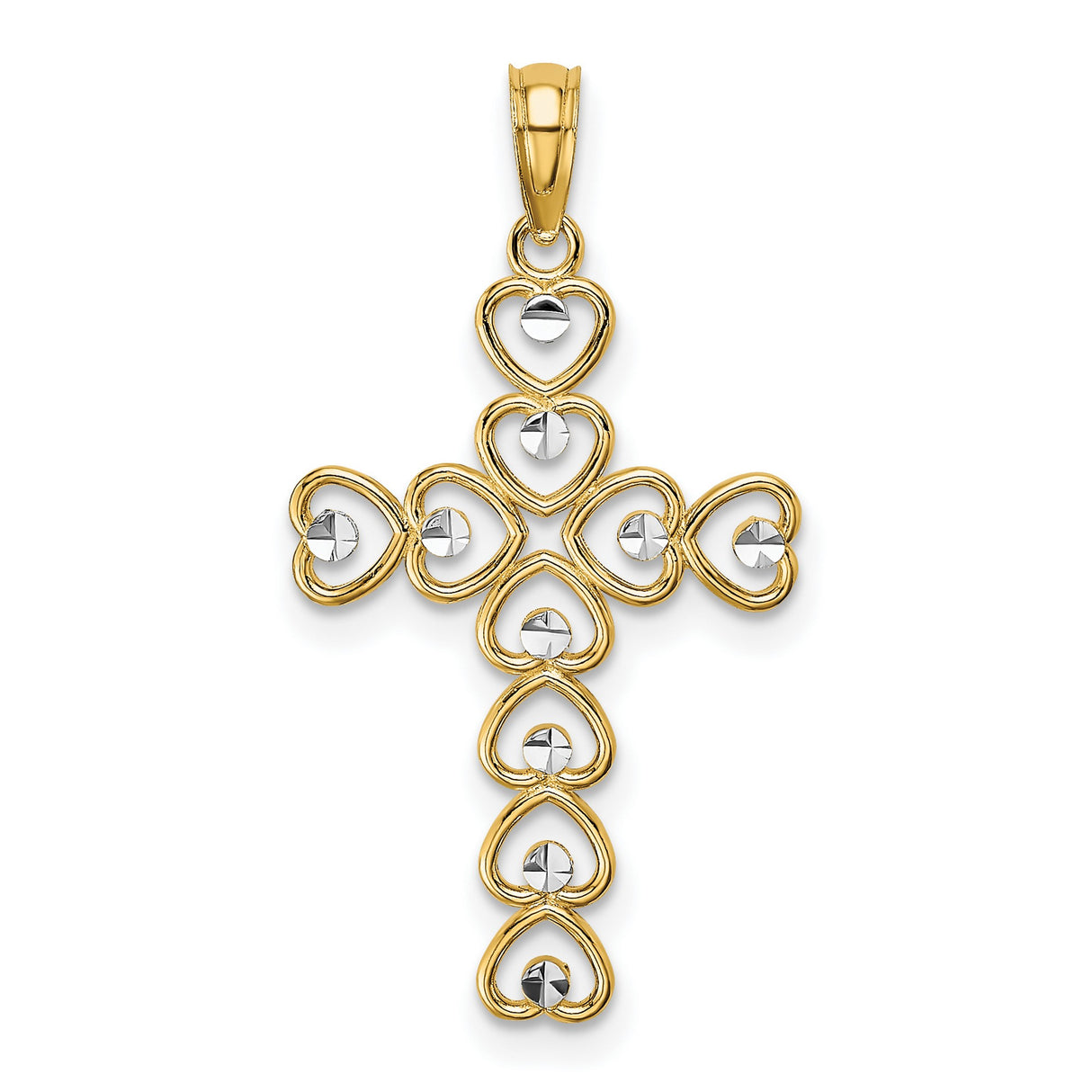14k Multi-Tone Gold Cross Pendant with Two-Tone Heart and Silver Accents