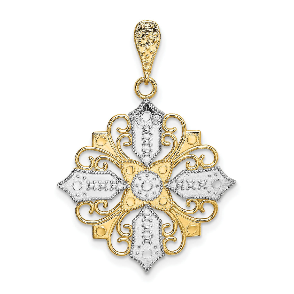 14k Multi-Tone Gold Filigree Cross Pendant, Ornate Christian Design for Women